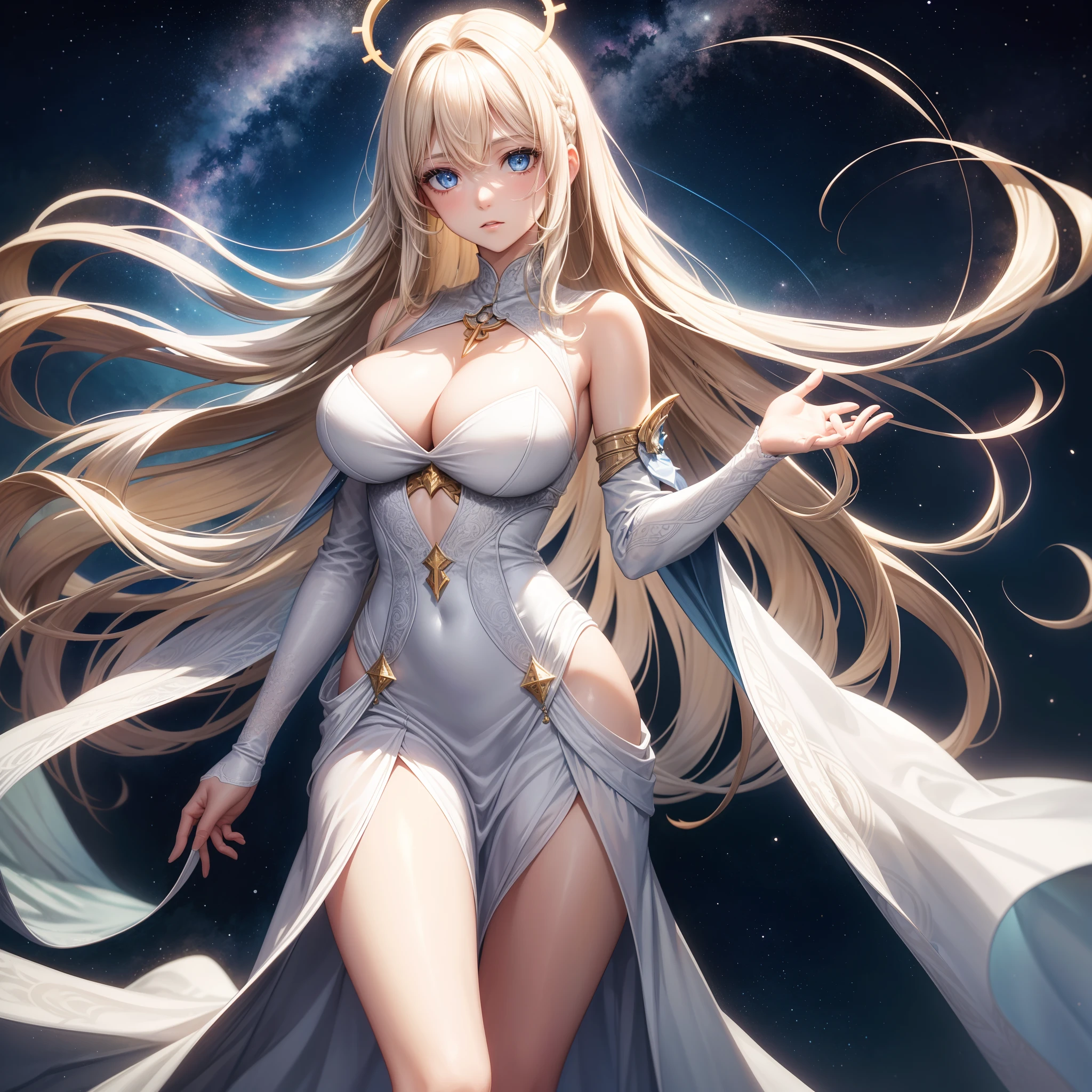 A young woman with long bright blonde hair,The background is a vast starry sky,she has blue eyes,Delicate and beautiful face,There is a white halo on the back of the head,face expressionless,The expression was indifferent,Wear a conservative white dress,There is a silver cross on the chest,Incredibly huge breasts,Slim waist,Slender and well-proportioned legs,Excellent figure,Floating in the palm of her hand was a glowing silver key