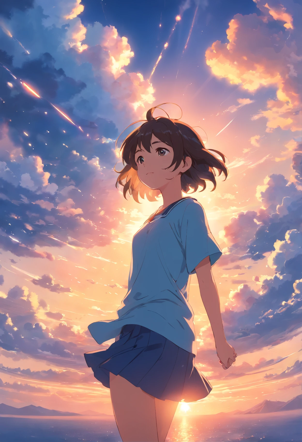 masterpiece, best quality, movie still, 1girl, cloud girl, floating in the sky, close-up, bright, happy, warm soft lighting, sunset, (sparks:0.7)