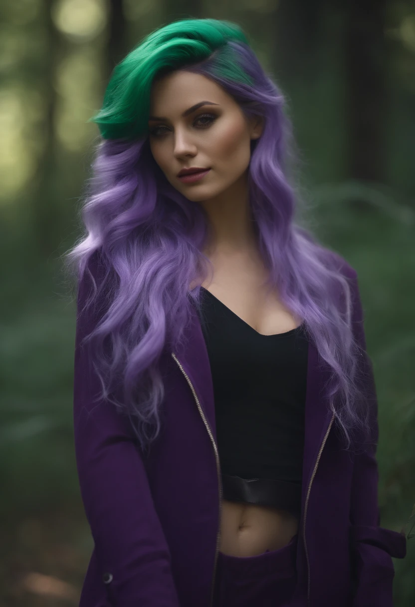 Rath 867, 1girll, Solo, (Forest green hair:1.2), Asymmetrical hairstyle, (Violet clothes:1.2) Masterpiece, Best quality, Photorealistic, Realistic, (RAW photo, 8K  UHD, filmgrain), Caustics, Subsurface scattering