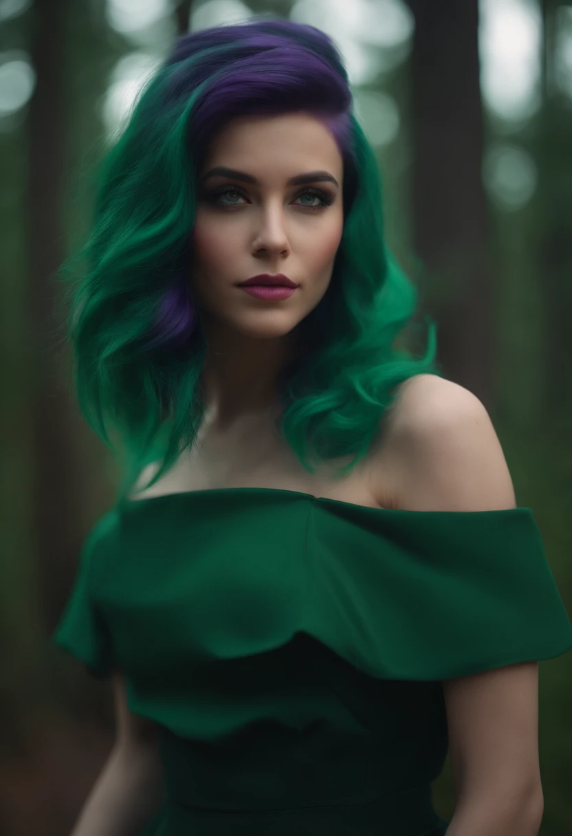 Rath 867, 1girll, Solo, (Forest green hair:1.2), Asymmetrical hairstyle, (Violet clothes:1.2) Masterpiece, Best quality, Photorealistic, Realistic, (RAW photo, 8K UHD, filmgrain), Caustics, Subsurface scattering