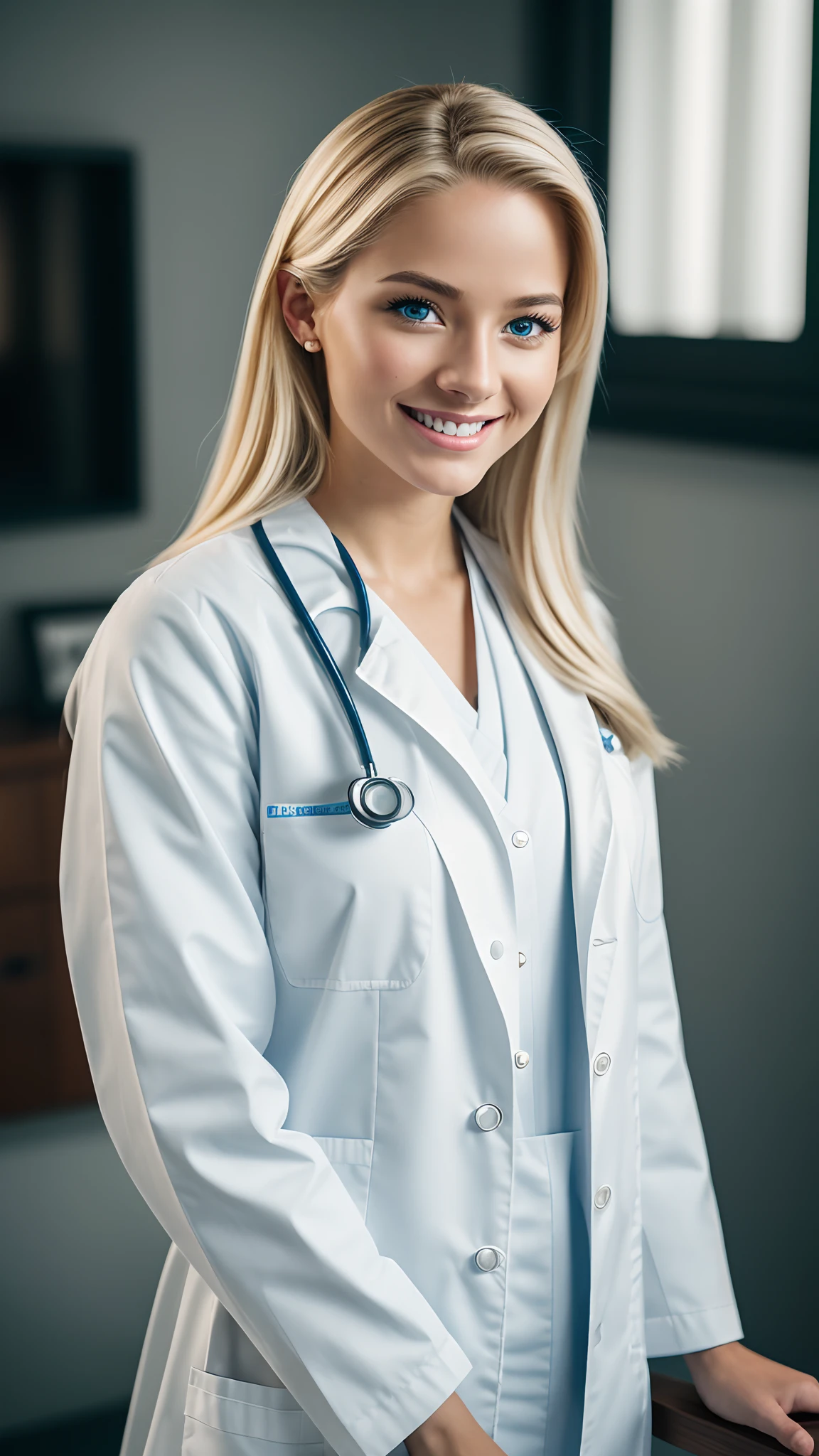 Hyper realistic and detailed full body photo of one young blonde smiling beautiful woman wearing a doctor outfit. perfect eyes, (Eye makeup:1.1), (highly detailed skin:1.1), RAW, analog style, sharp focus, 8k UHD, DSLR, high quality, Fujifilm XT3, grain, award winning, masterpiece.