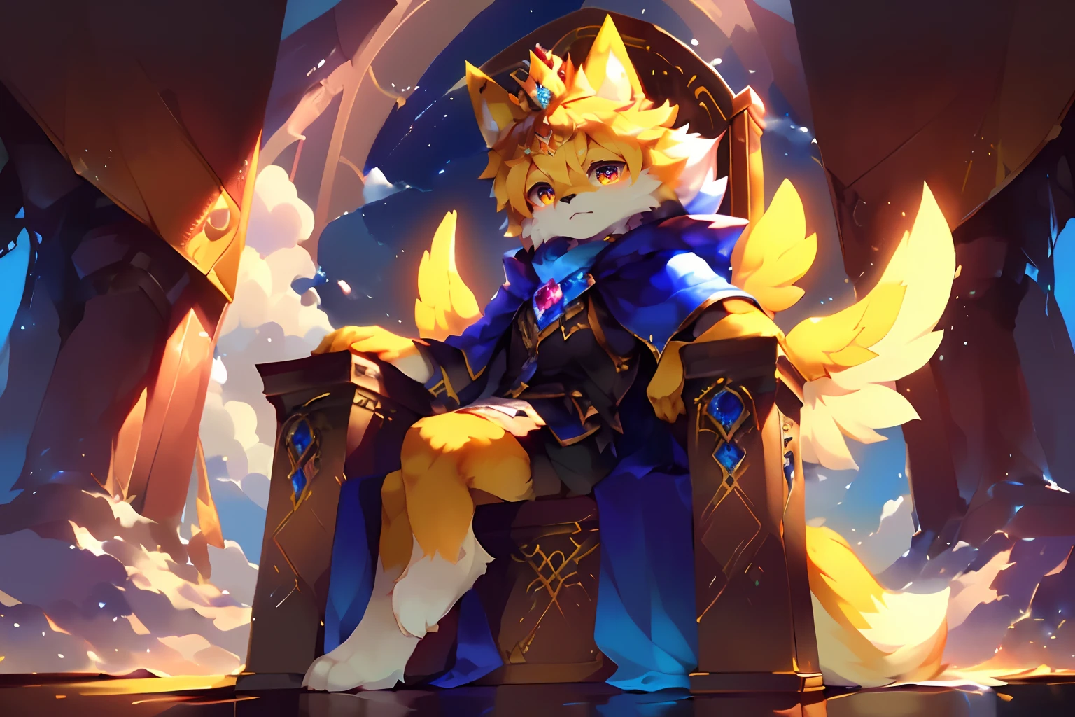 (((a goldfox))), (cocky), ((( \(parfect anatomy\)))), (( sitting on a throne)), , ((crown, royal, throne)), black fluffy twin tail, fluffy mane, heteronomia eyes, yellow body, cloud(独奏), blue cape, fantasy clothing, vest, detailed face, angel wings