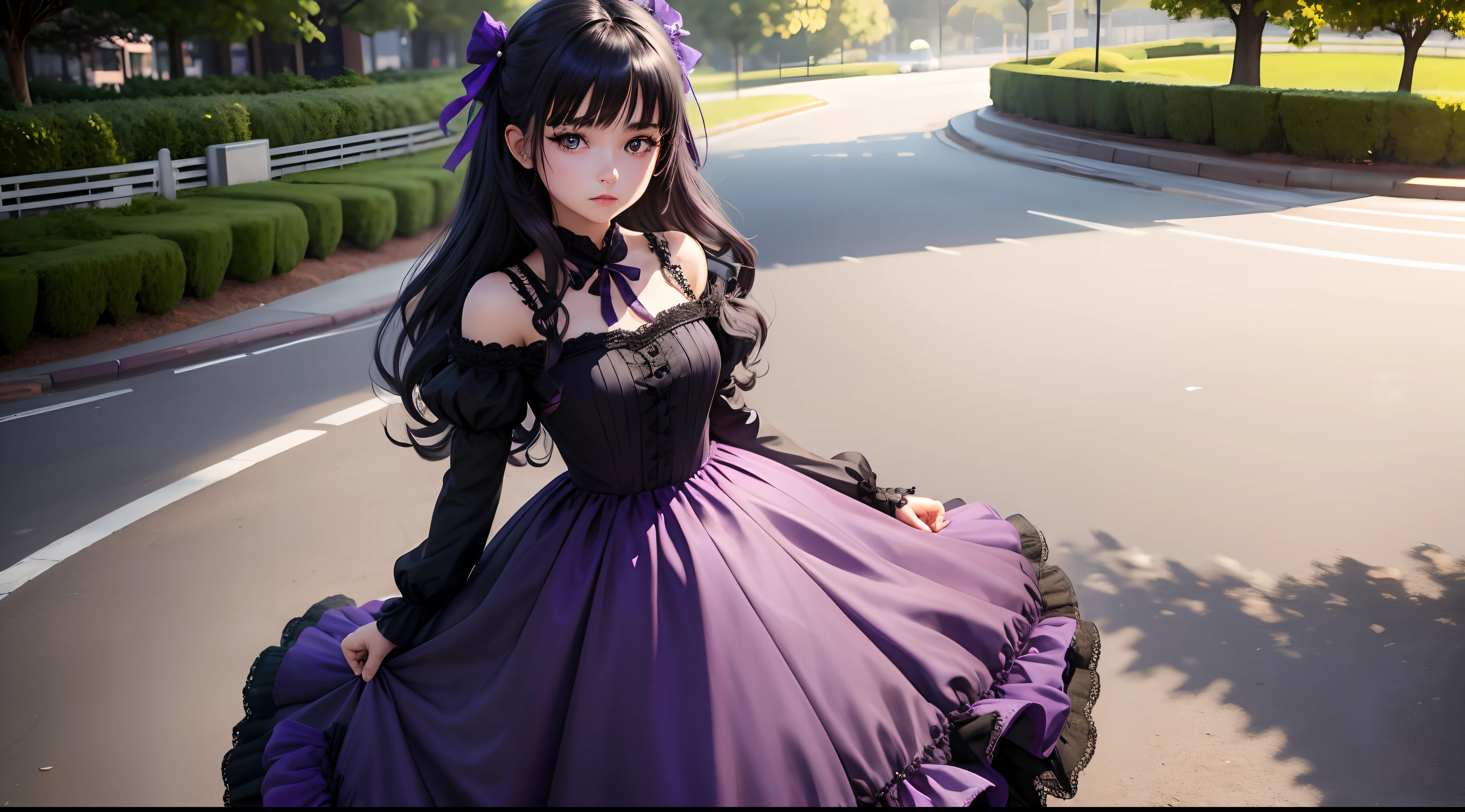Young girl, dress, purple eyes, black hairs, extremely detailed, 4k wallpaper, full body, hair ribbon, (((park)))