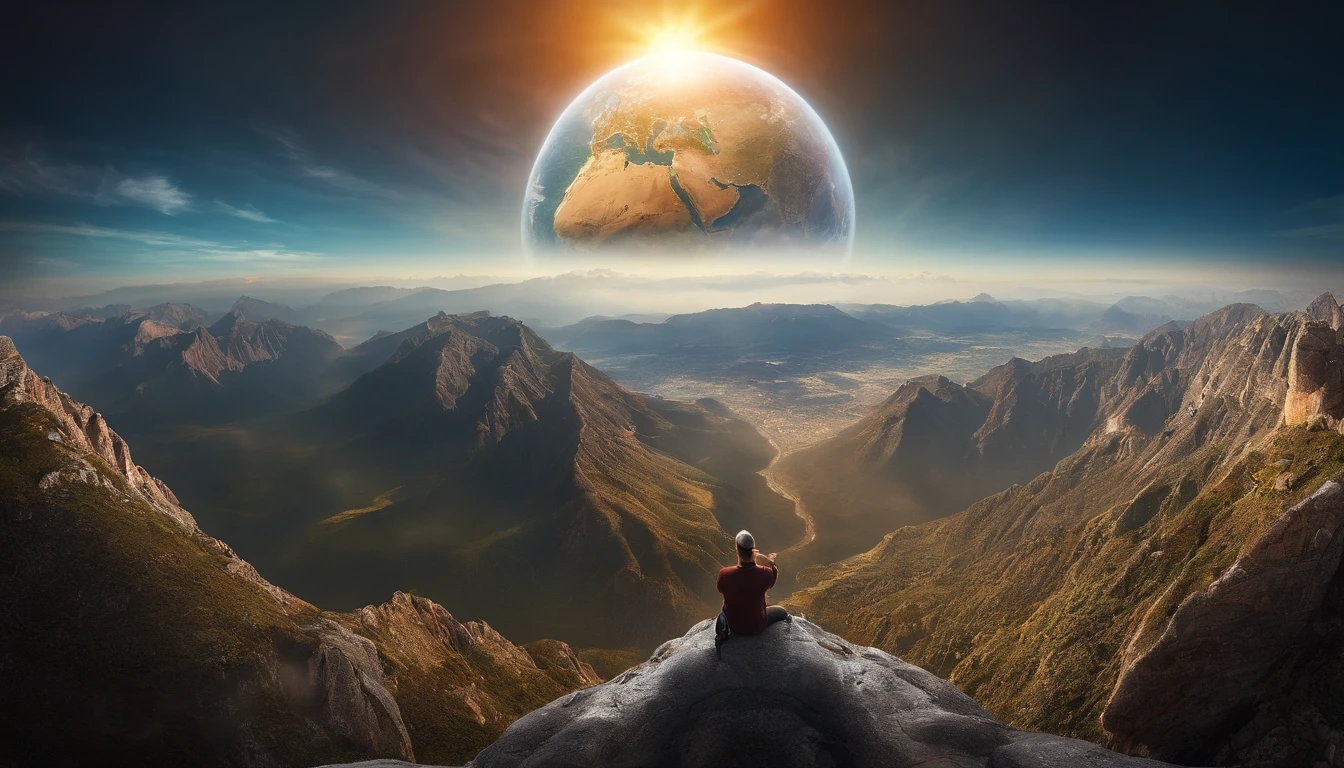 aspiring human on top of the highest tower in the world looking over to earth globe, highly detailed ,high quality ,colourful