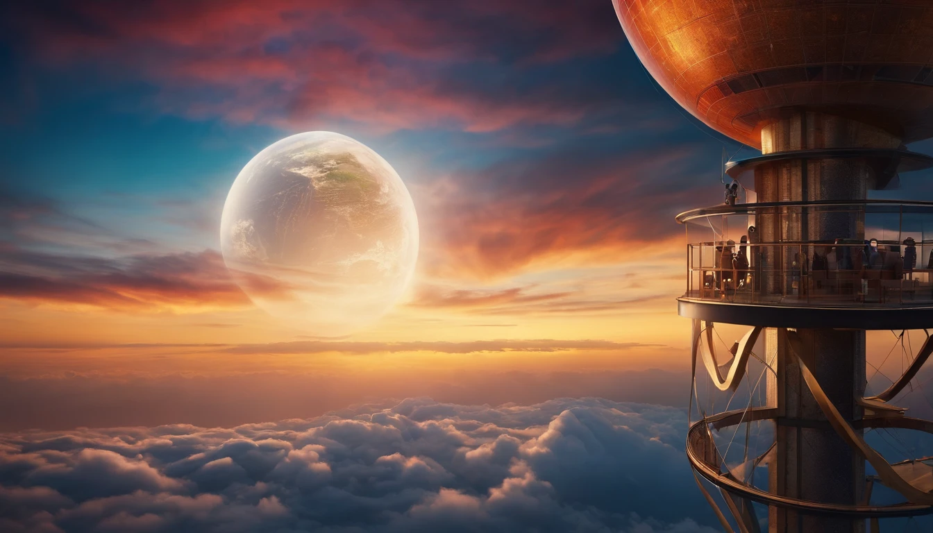 aspiring human on top of the highest tower in the world looking over to earth globe, highly detailed ,high quality ,colourful