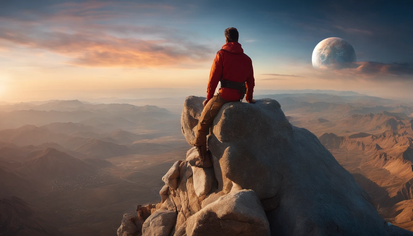 aspiring human on top of the highest tower in the world looking over to earth globe, highly detailed ,high quality ,colourful