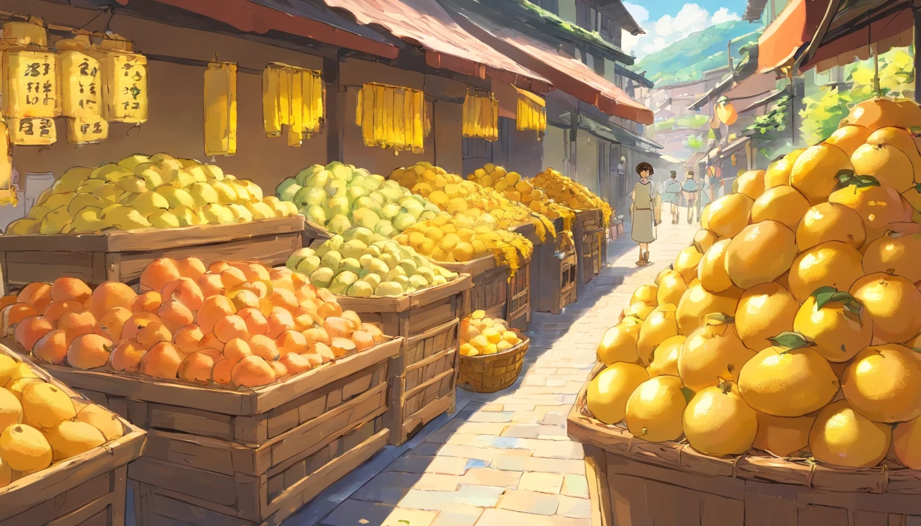 [Scene: Pomelo market display] The camera captures the picturesque scene of the street adorned with baskets upon baskets of ripe, golden-yellow pomelos. The vibrant fruit glistens under the sunlight, enticing passersby with its sweet aroma.