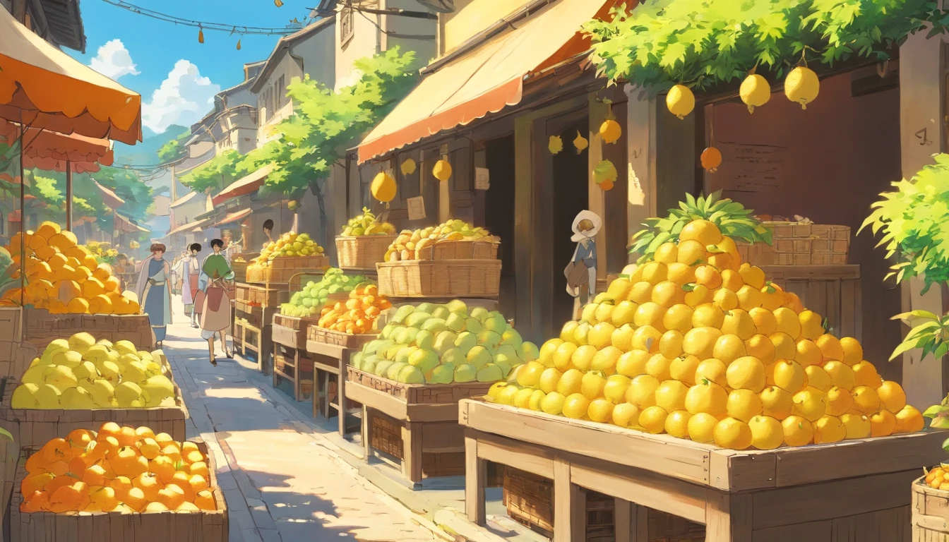 [Scene: Pomelo market display] The camera captures the picturesque scene of the street adorned with baskets upon baskets of ripe, golden-yellow pomelos. The vibrant fruit glistens under the sunlight, enticing passersby with its sweet aroma.