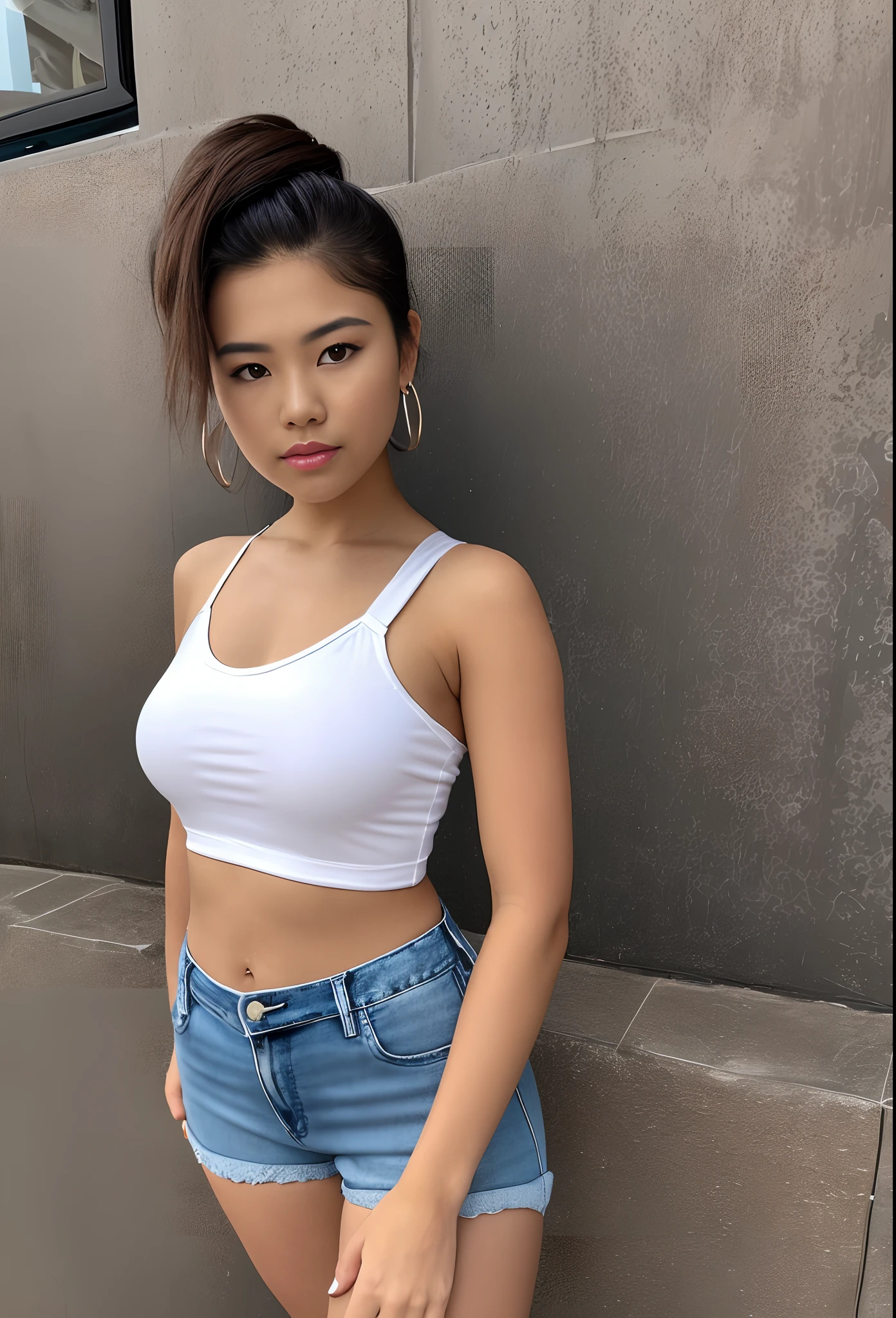 1Girl, standing with full shape, full frame body, nice girl, posing to the camera, whole shape girl 30 year old, with closed natural mouth, bright gloss on the lips, serious mood, no makeup, look like Kailyn Perez, Miss Pennsylvania 2019, USA, real life, little hill of venus, perfect photo realistic picture, detailed fingers, detailed realistic face with perfect shorter snub nose, attractive girl, young long legs, perfect detailed tanned dark auburn colored skin, small eyes hazel color, perfect detailed face with realistic complexion and skin with small pores, no eyes lids errors, human perfect eyes lids, symmetric detailed eyes, symmetric detailed eyeballs, perfect body, natural posture, natural limbs, seductive gaze, long hairstyle, two arms, two legs, one head, sunny day, realistic shadows, mystical lighting, 16K, UHD, body facing the viewer, showing to viewer, beautiful sweet belly, little seduce, hand next to body, (real shadows), cinematics light, sharp fokus, nice fingers, real human nails, RAW, (((dressed in a verry short sports strap sleeveless top random color, short jeans shorts random color, sneakers on her foot random color))), small firm breasts are outlined under the shirt, inside of shopping mall Gallery Palace, Washington, D.C. USA
Negative prompt: plastic, gypsy, skinny, nsfv, naked, tools, extra items, tools, purse, objects, half figure, out of frame, ((high forehead)), ((high forehead)), close to the observer, one girl, doors, Chinese, 2d, child, (((deformed anything on image))), big foots, deformed fingers, too manny fingers, deformed nails, man, plastic, cartoon, amputee, Asian, anime, autograph, bad anatomy, bad illustration, disfigured, dismembered, disproportion, distorted, draft, duplicated features, extra arms, extra head, extra fingers, extra hands, extra legs, extra limbs, flaw, fused fingers, gross proportions, improper scale, incor