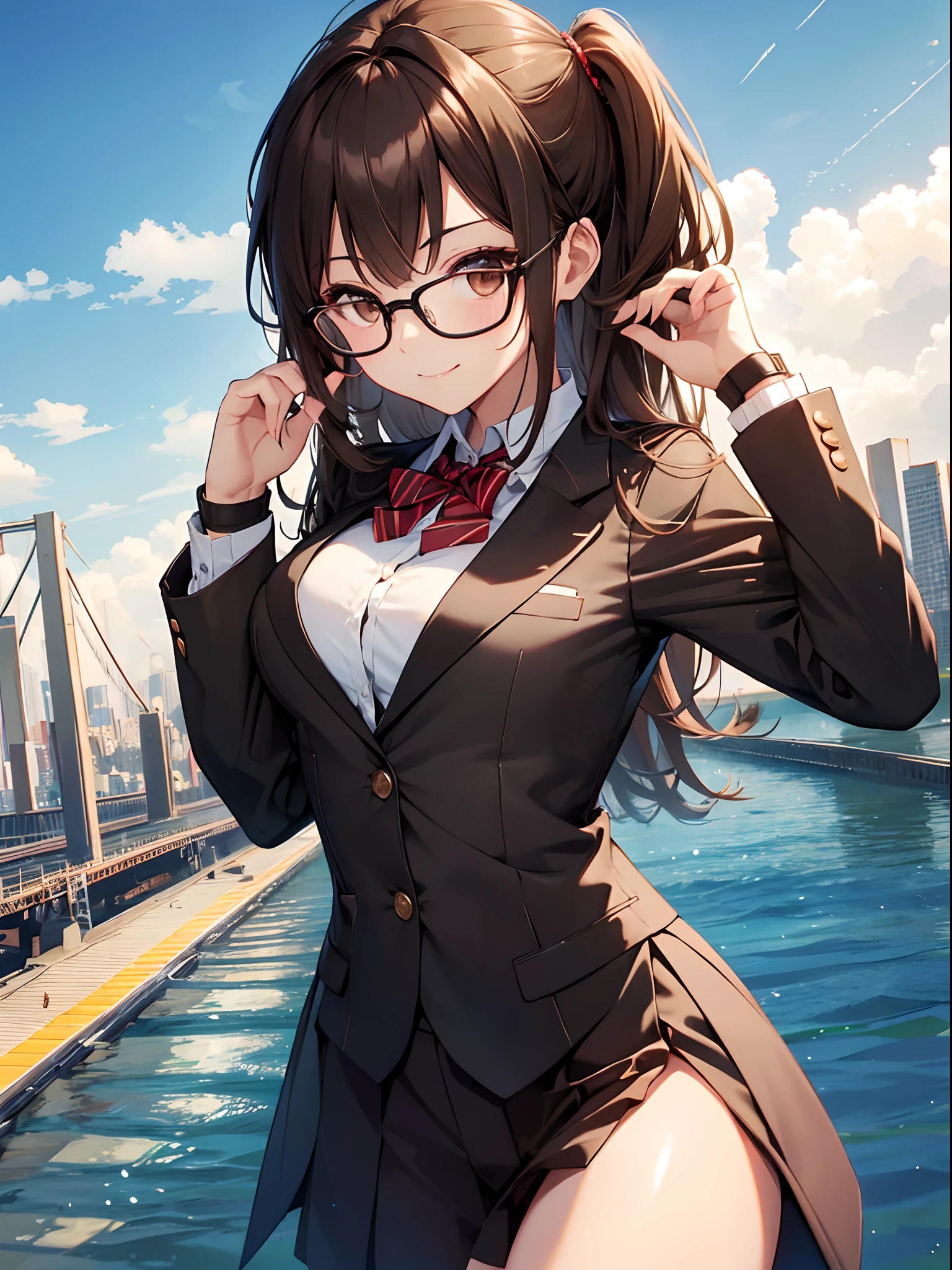 1 female、brown haired(Curta)、Brown eyes、Black-rimmed glasses、Best Quality、ultra-detailliert、8K resolution、Raw photo、masutepiece、gorgeous faces、Perfect body、a smile、Blazer Uniform