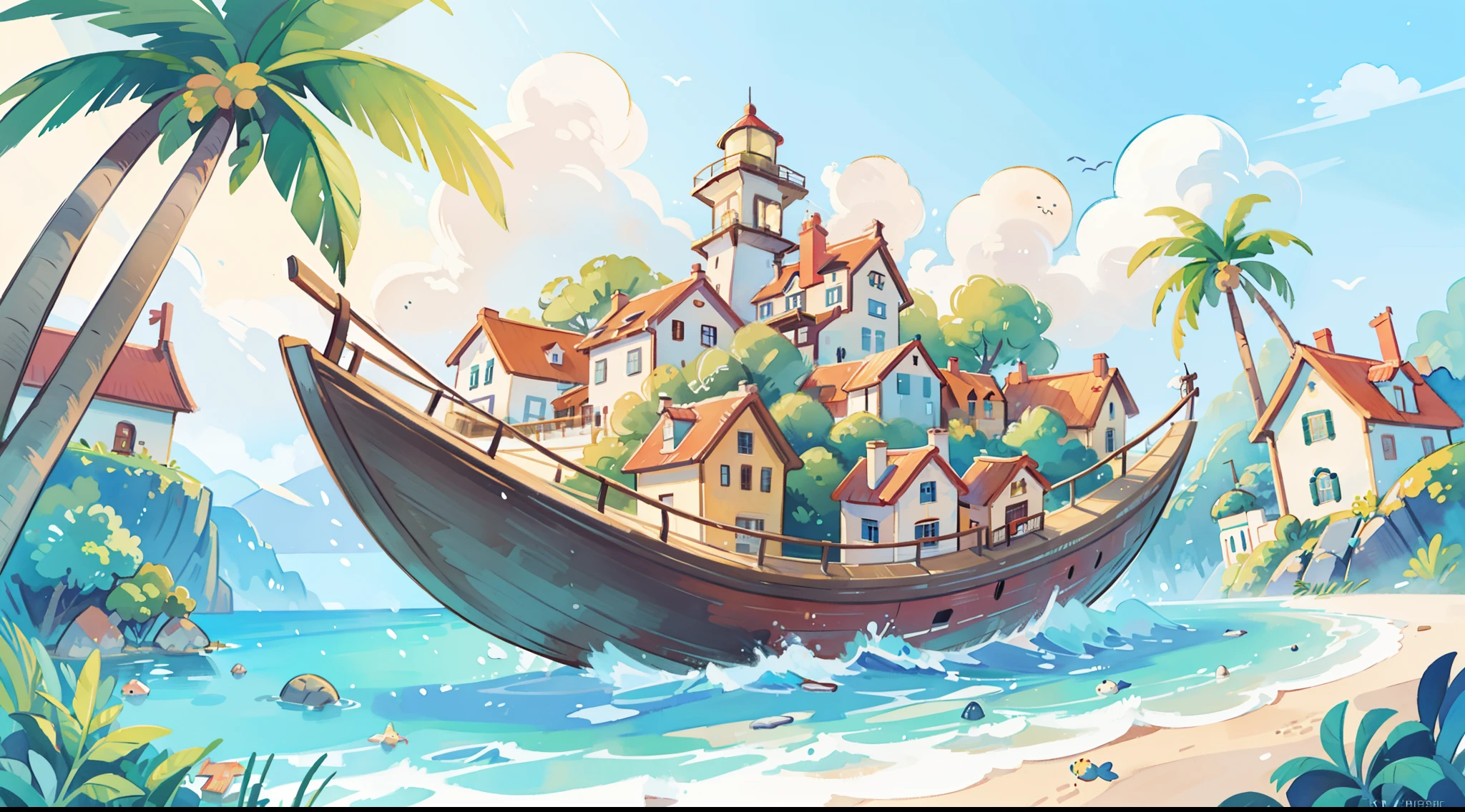 ((picture book illustration)), ocean fantasy, watercolor illustration, whimsical, warm colors, village, palm trees, houses, huge lighthouse, ((masterpiece)), highly detailed environment