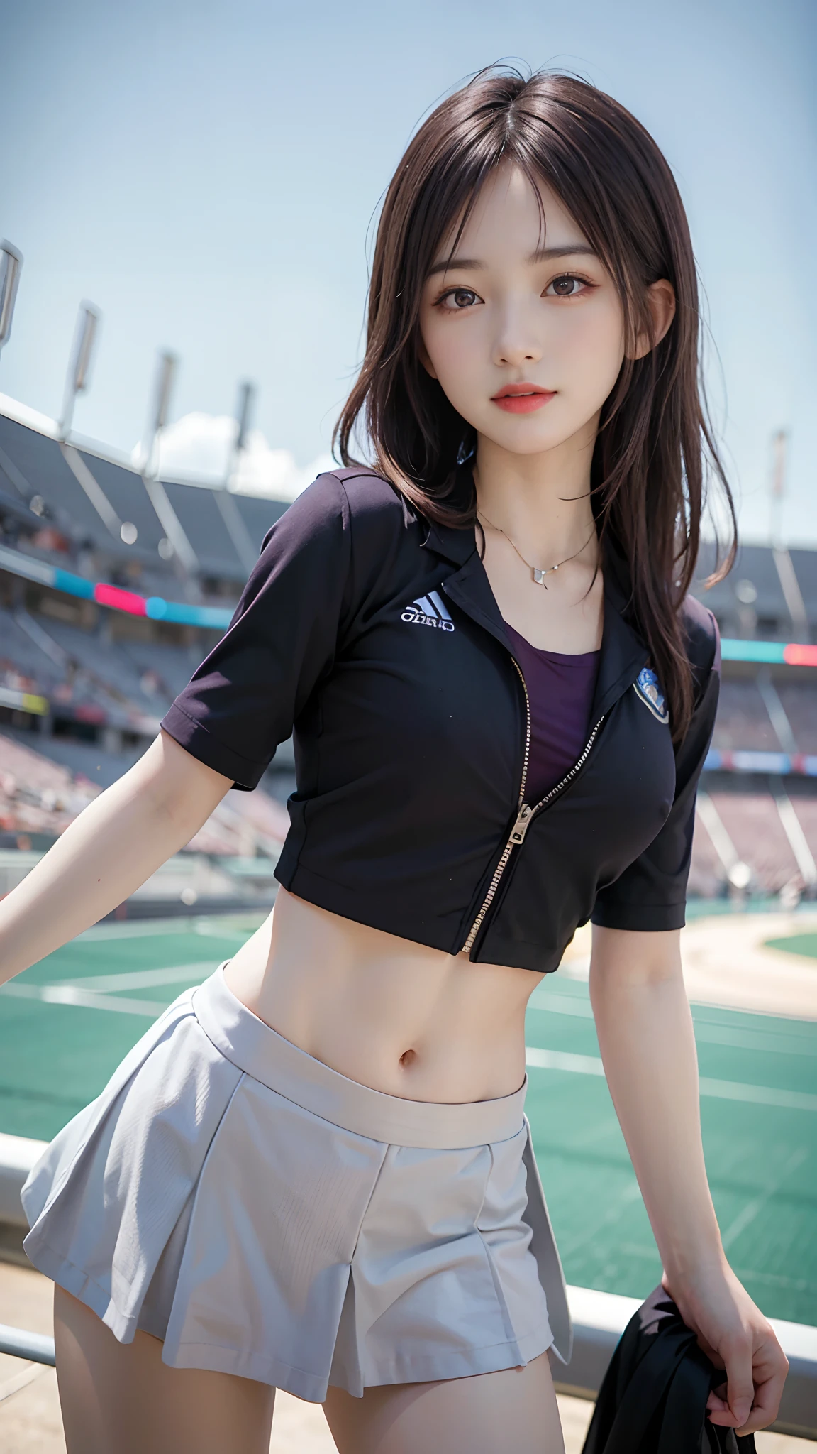 4k ultra hd, masterpiece, best quality, a girl, sports girl, happy, good face, smile, detailed eyes, detailed lips, very long hair, Multicolor floating hair, slim body, medium breasts, tight abs, narrow waist, purple costume, short sleeves, cropped top, opened jacket, black jacket, skirt, sitting, dark shadow, bright sunshine, stadium background,