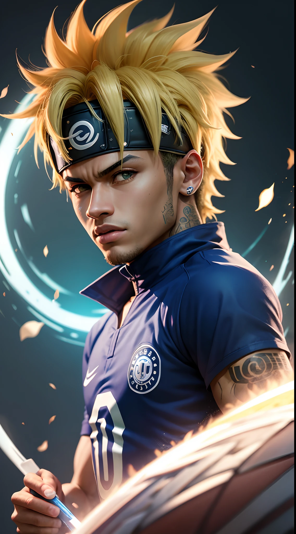 Neymar Jr, como Naruto, em um campo verde, com uma bola de futebol azul Rasengan, 8K