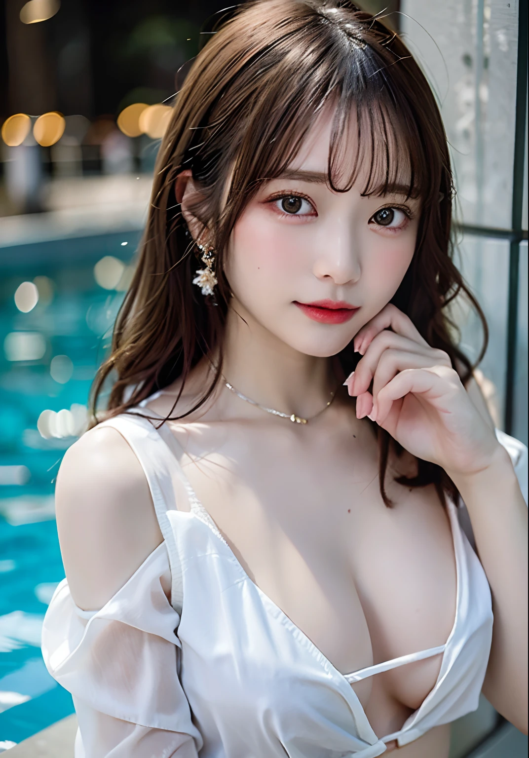 vests、​masterpiece、An ultra-high picture quality、realisitic、girl、(Beauty Face 1.4 Otome)、(mediummilk、Constriction waist)、Bokeh、micron、glowy skin、headw、White Off Shoulder Micro Bikini、fullllbody、Beautiful collarbone、Slim body、cleavage of the breast、swimming pools、Detailed eyes