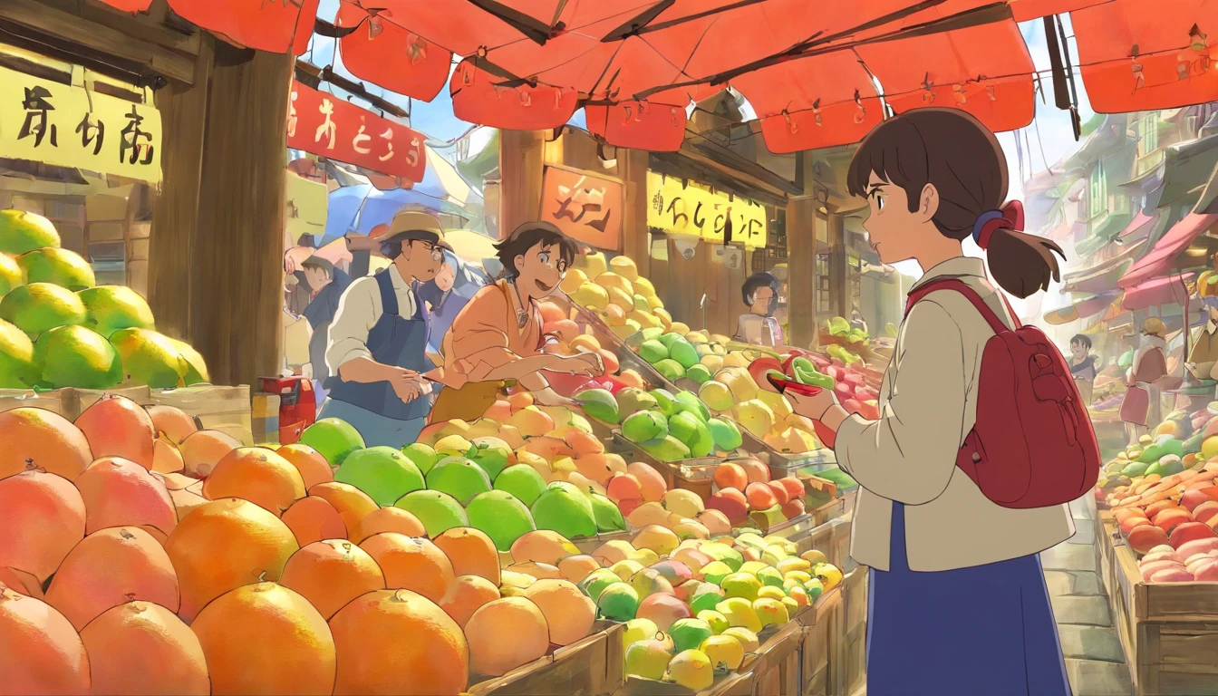 [Scene: Vendor’s calls] The camera focuses on a vendor energetically advertising their pomelos, their voice cutting through the busy market noise. Other vendors chime in, showcasing their own pomelos and enticing potential buyers with promises of exceptional sweetness.