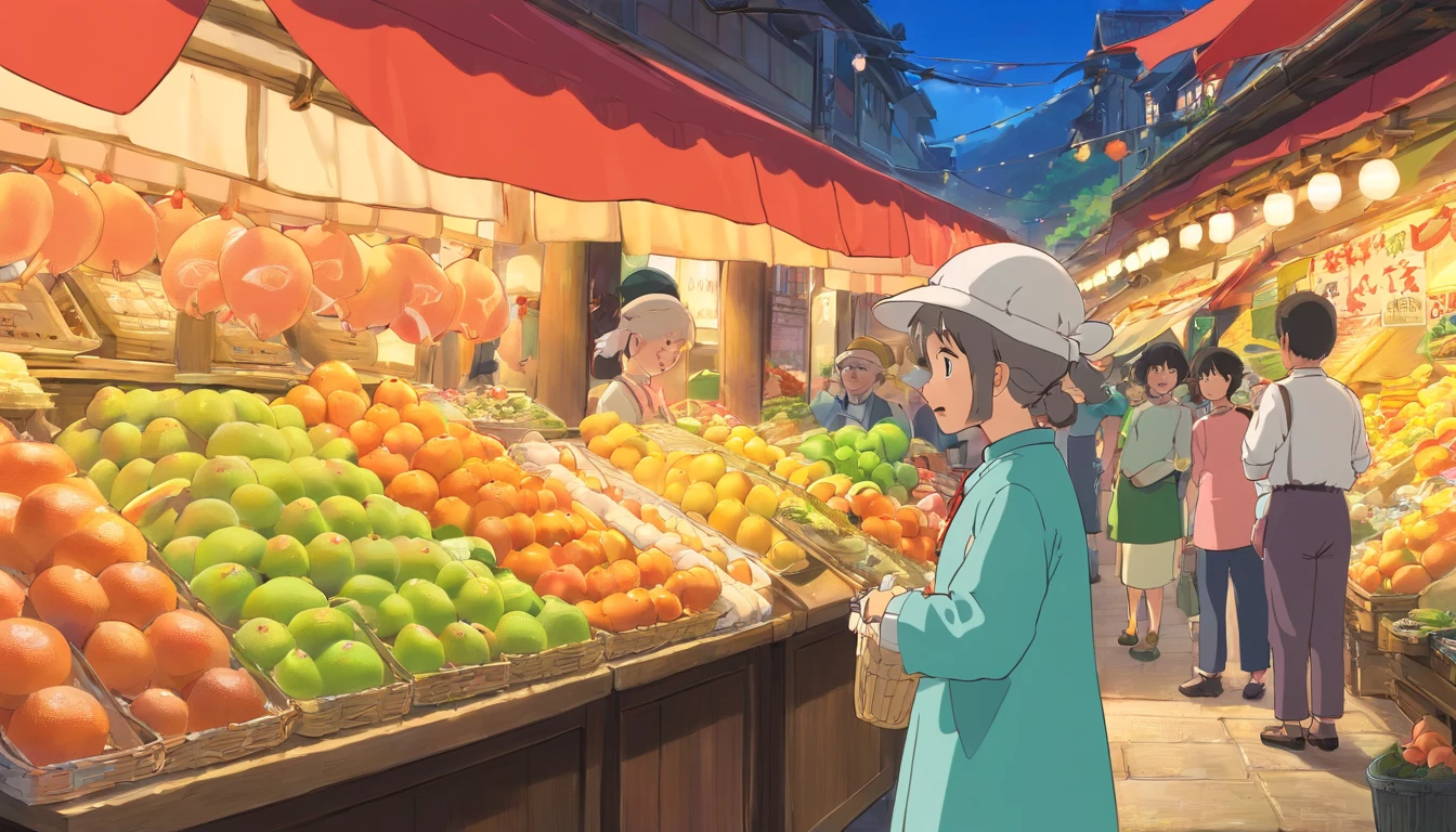 [Scene: Vendor’s calls] The camera focuses on a vendor energetically advertising their pomelos, their voice cutting through the busy market noise. Other vendors chime in, showcasing their own pomelos and enticing potential buyers with promises of exceptional sweetness.