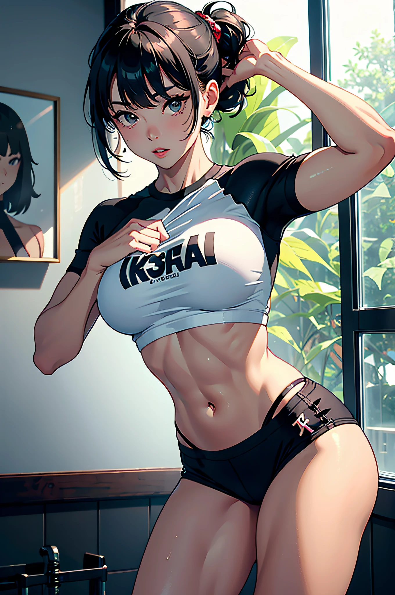 Curvaceous but slender、bionde、silber hair、ornament detached、accessorized、Muchimuchi Body、Muscle Training Girls、mole、Distinctive charm points、Thin eyebrows、Sauce order、poneyTail、plump lips、Physical beauty、disheveled hair、Unique fashion、Depiction in motion、(top-quality、hight resolution、8k、​masterpiece:1.2)。Muscular short-haired woman in T-shirt shorts、Intense muscle training in a Hawaiian room with a sea view。Muscles are trained arms and back、Stand out on the legs。Her sweat is a testament to hard work、The contours of the muscles are beautifully revealed.。The Western-style room has a fairly large floor plan with depth.、Brilliant light streaming in from the window、Her beautiful skin shines all over her body like a Hollywood actress stands out。On the walls of the neat mansion-like room, artistic paintings and stylish art works are displayed.、Please depict her challenging her limits with a powerful expression.。Eta、Beside her、There is a handsome bodybuilder who targets her.、I touch her body while sticking close to her.。