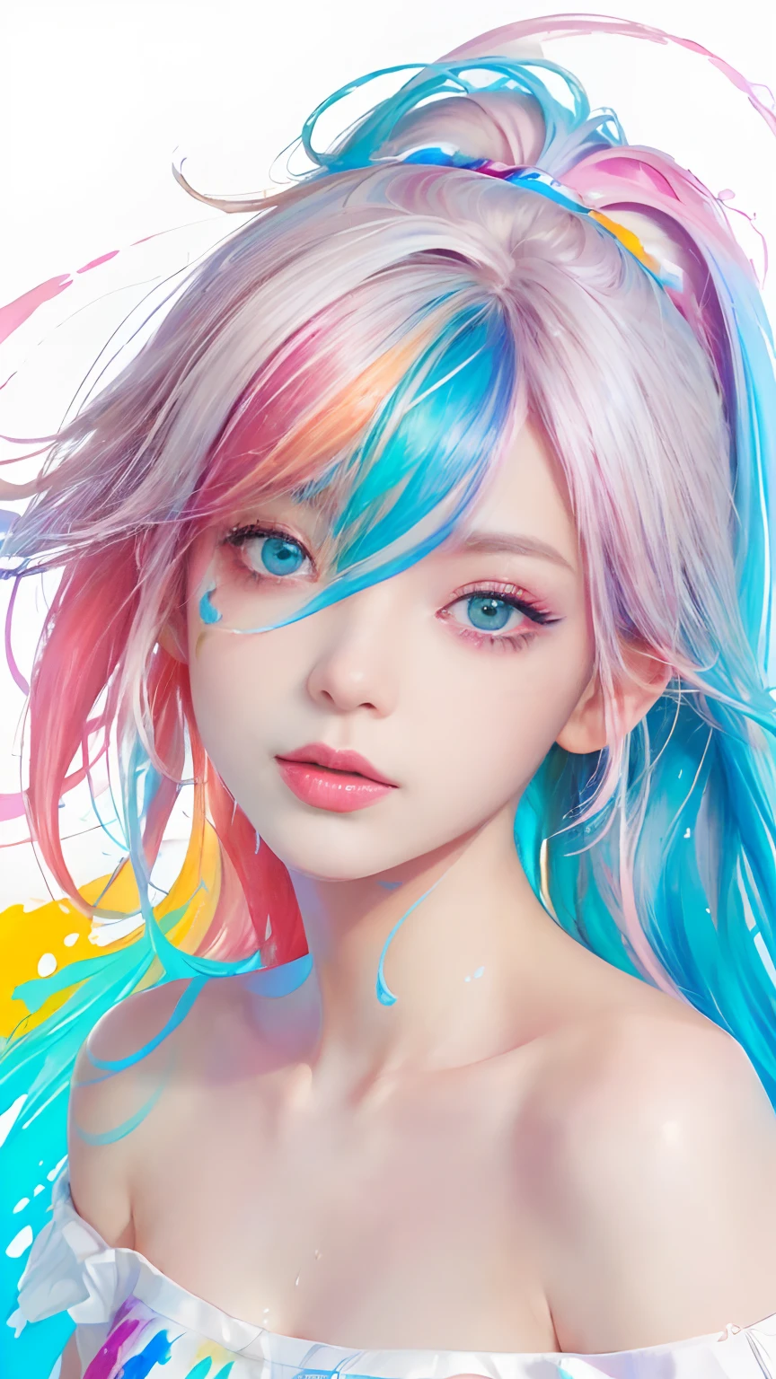 （Pink Fashion T-shirt：1.9），(Colorful hair: 1.8), (all the colours of the rainbow: 1.8),(((((vertical painting：1.6))), （painting：1.6），front, comics, illustrations, paintings, large eyes, crystal clear eyes,（ rainbow color gradient high ponytail：1.7）, exquisite makeup, closed mouth,(Small Fresh: 1.5),(Wipe Chest: 1.6) ，long eyelashes, white off shoulder T-shirt,  White Shoulder Shirt，looking at the audience, large watery eyes, (rainbow colored hair：1.6), color splash, （solo：1.8）, color splash, color explosion, thick paint style, messy lines, ((shining))，(colorful), (colorful), (colorful), colorful, Thick Paint Style, (Splash) (Color Splash), Vertical Painting, Upper Body, Paint Splash, Acrylic Pigment, Gradient, Paint, Highest Image Quality, Highest Quality, Masterpiece, Solo, Depth of Field, Face Paint,  colorful clothes, (Elegant: 1.2), gorgeous,long hair, wind, (Elegant: 1.3), (Petals: 1.4)，(((masterpiece))),(((best quality))),((ultra-detailed)),(illustration),(dynamic angle),((floating)),(paint),((disheveled hair)),(solo),(1girl) , (((detailed anima face))),((beautiful detailed face)),collar,bare shoulders,white hair, ((colorful hair)),((streaked hair)),beautiful detailed eyes,(Gradient color eyes),(((colorful eyes))),(((colorful background))),(((high saturation))),(((surrounded by colorful splashes))),