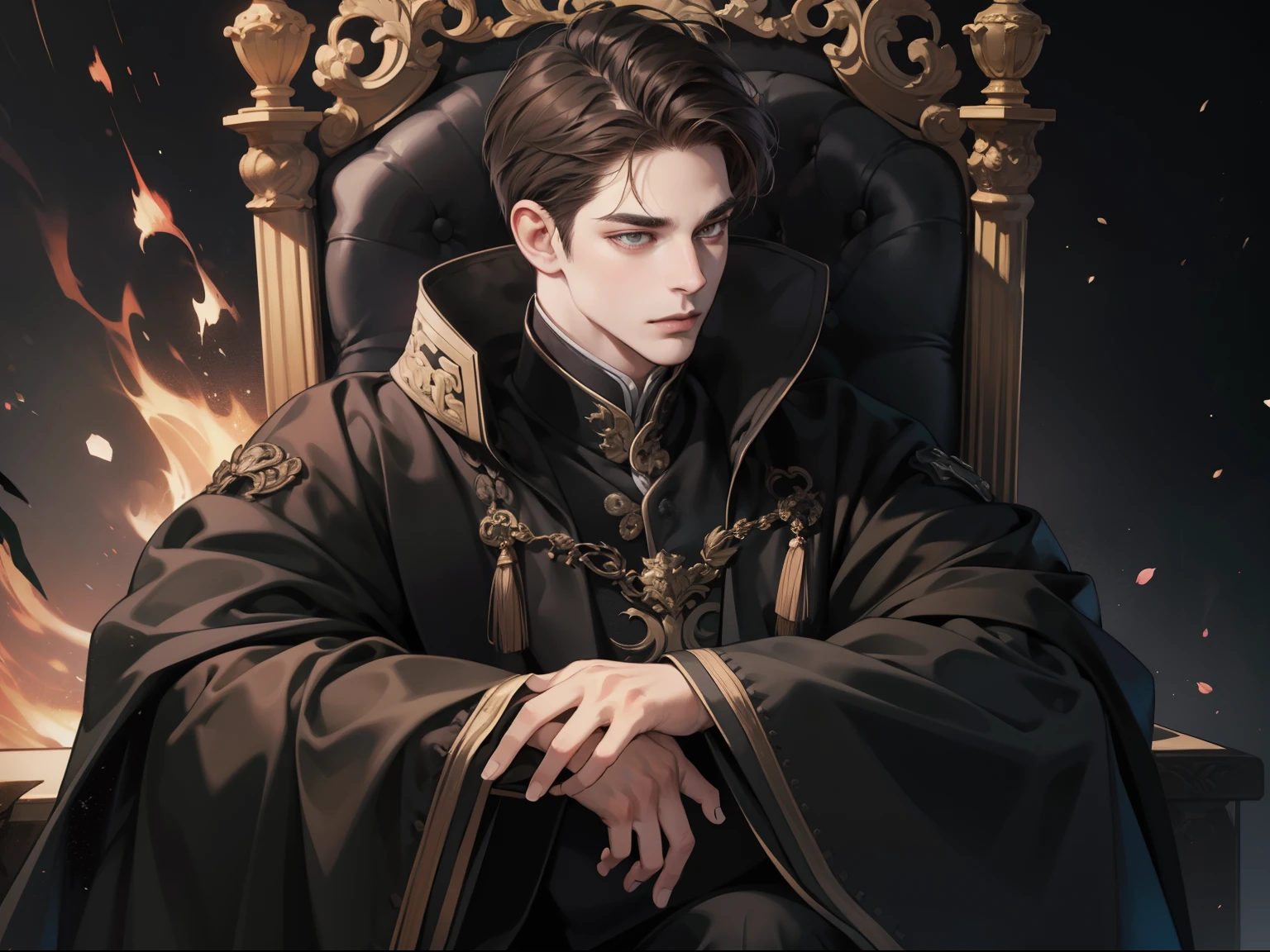 masterpiece, best quality, detailed face, realistic, 1man, mature male, handsome young man, 25 year old, closed mouth, portrait, extremely detailed face, cold and smirk, ((dark grey eyes)), ((short-right-swept dark brown hair)), [thick eyebrows], (on the black throne), ((long black cape)), ((all black cloth)), (dark palace), cool tone,sexy, full body