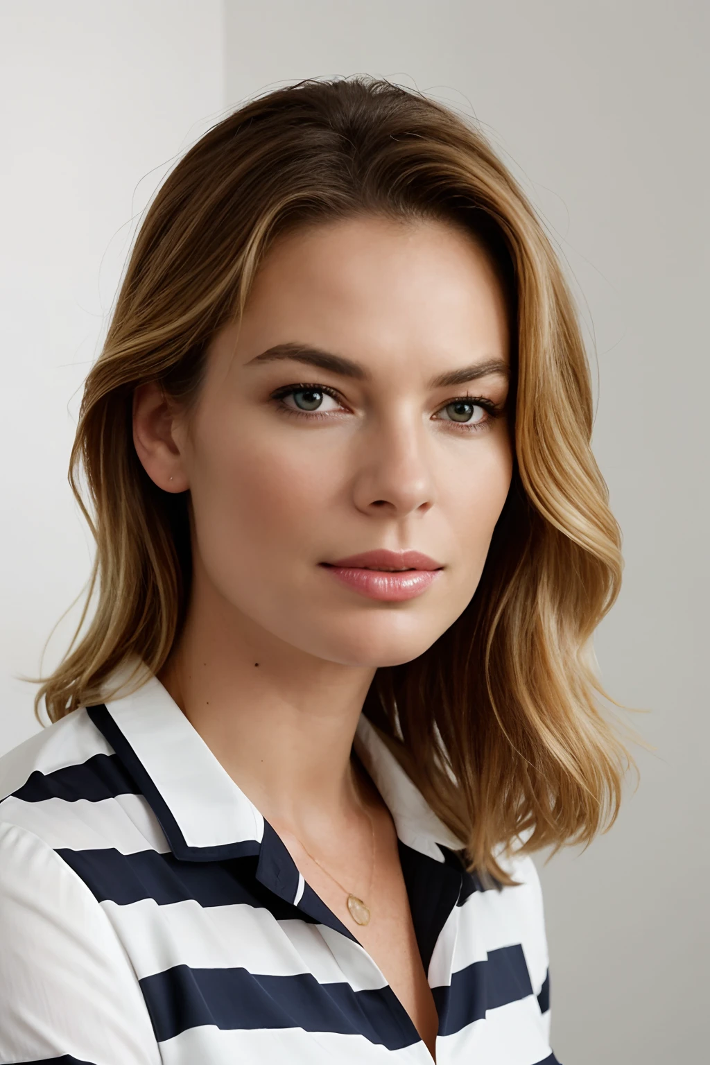 Rebecca romijn wearing a striped shirt, a portrait by Isabel Naftel, trending on pinterest, bauhaus, minimalist, angular, ornate