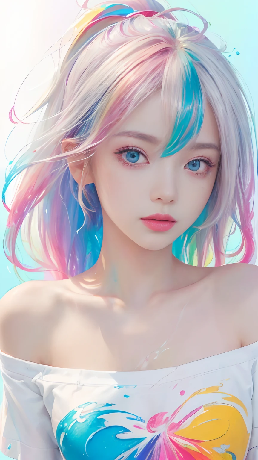 (Pink Fashion T-shirt:1.9),(Colorful hair: 1.8), (all the colours of the rainbow: 1.8),(((((vertical painting:1.6))), (painting:1.6),front, comics, illustrations, paintings, large eyes, crystal clear eyes,( rainbow color gradient high ponytail:1.7), exquisite makeup, closed mouth,(Small Fresh: 1.5),(Wipe Chest: 1.6) ,long eyelashes, white off shoulder T-shirt, White Shoulder Shirt,looking at the audience, large watery eyes, (rainbow colored hair:1.6), color splash, (solo:1.8), color splash, color explosion, thick paint style, messy lines, ((shining)),(colorful), (colorful), (colorful), colorful, Thick Paint Style, (Splash) (Color Splash), Vertical Painting, Upper Body, Paint Splash, Acrylic Pigment, Gradient, Paint, Highest Image Quality, Highest Quality, Masterpiece, Solo, Depth of Field, Face Paint, colorful clothes, (Elegant: 1.2), gorgeous,long hair, wind, (Elegant: 1.3), (Petals: 1.4),(((masterpiece))),(((best quality))),((ultra-detailed)),(illustration),(dynamic angle),((floating)),(paint),((disheveled hair)),(solo),(1girl) , (((detailed anima face))),((beautiful detailed face)),collar,bare shoulders,white hair, ((colorful hair)),((streaked hair)),beautiful detailed eyes,(Gradient color eyes),(((colorful eyes))),(((colorful background))),(((high saturation))),(((surrounded by colorful splashes))),