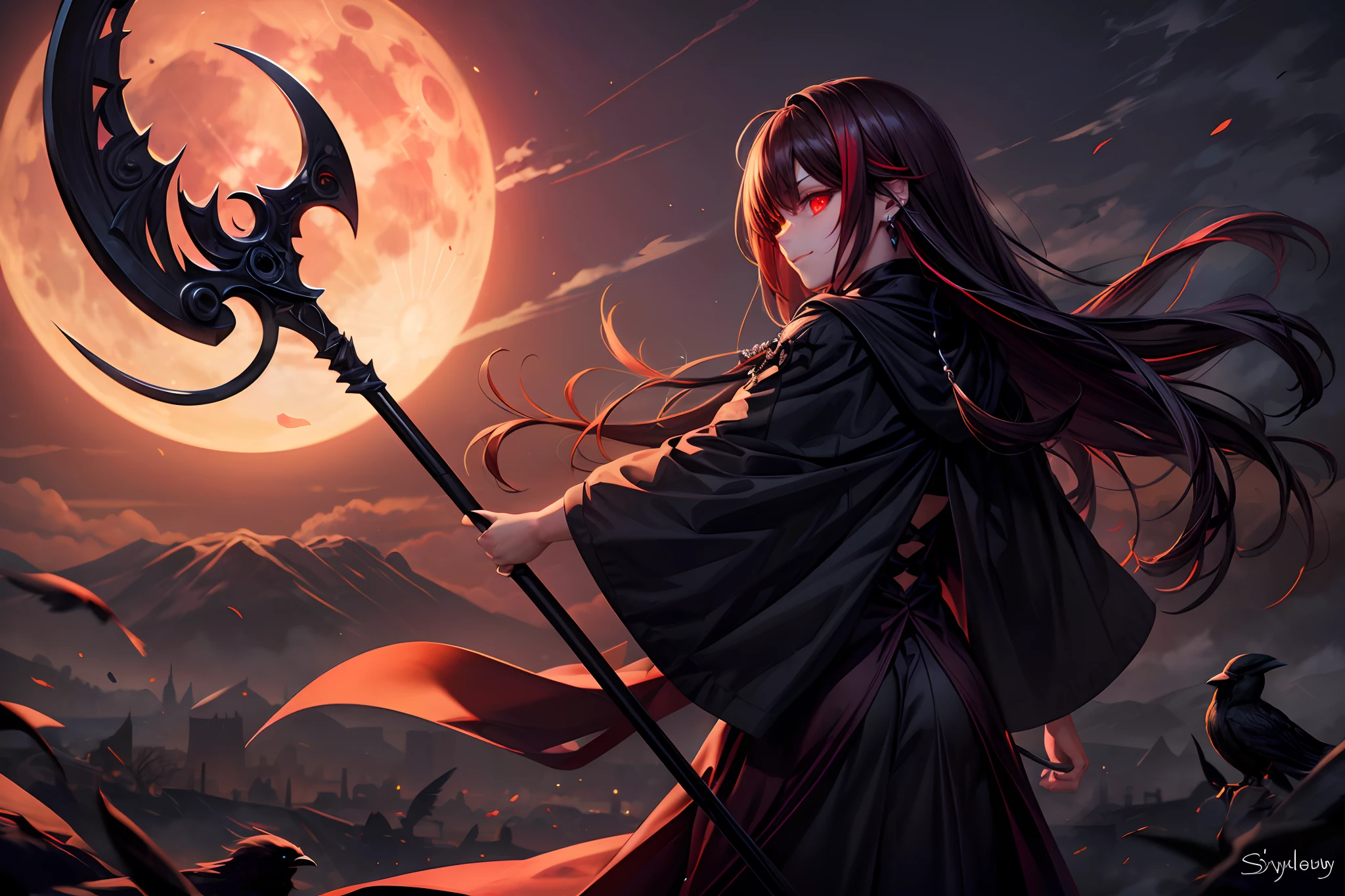 (best quality, high quality, high-res, ultra-detailed, master piece), 1girl, mature female, red eyes, glowing eyes, reaper scythe, red sky, solo, long hair, dark hair, gothic dress, crow,  moonlit lighting, mysterious, ethereal, evil smile, earrings, necklace, from back view, red moon, grim reaper, dark feather effect, (glowing eyes)