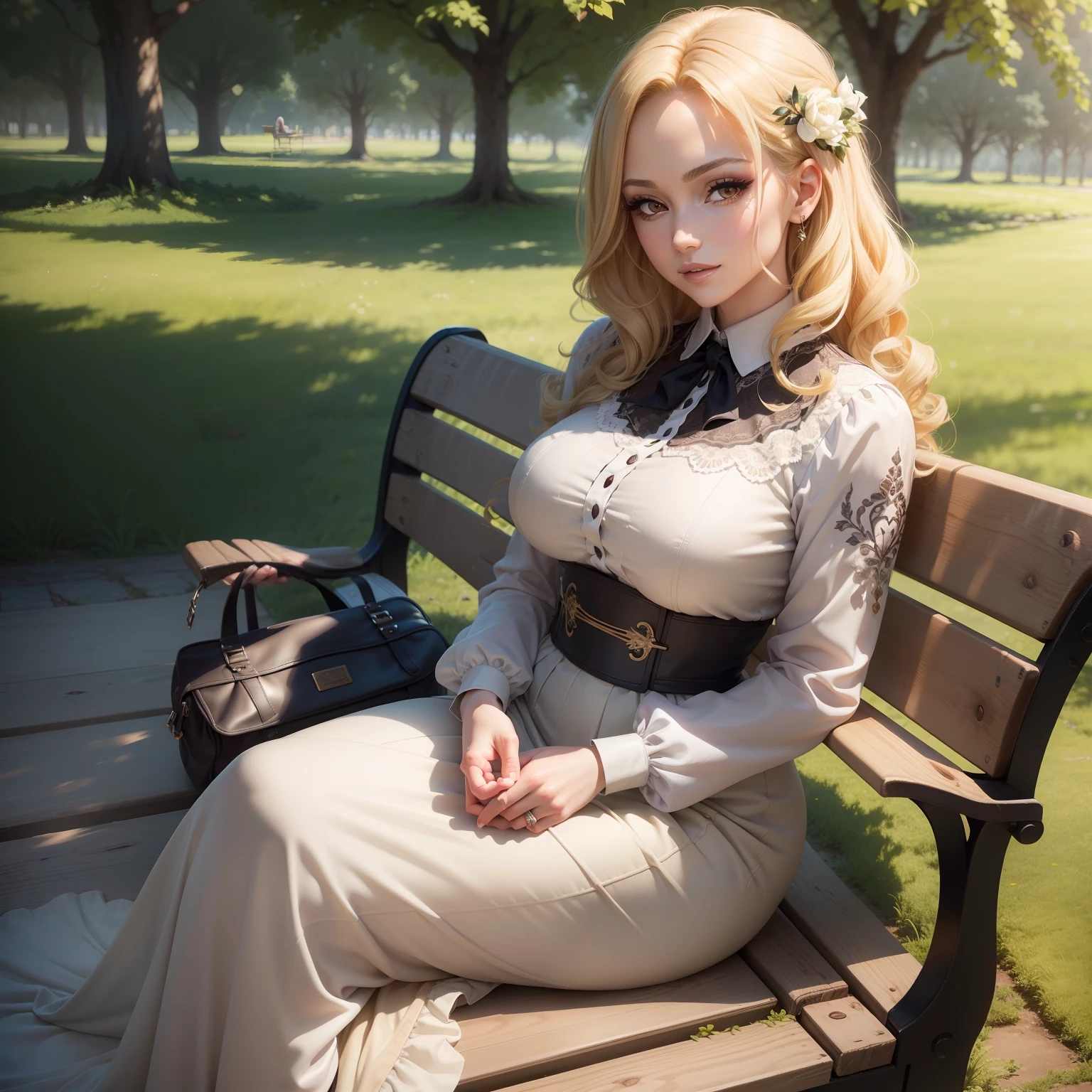 (masutepiece:1.2), (Best Quality:1.2), Full body portrait,Perfect eyes, Perfect face, Perfect Lighting, 1girl in, Mature woman in the field, medium blonde hair, Curly hair, detailed  clothes, Detailed outdoor background, makeup, eyeshadows, thick eyelashes, Fantasy, Looking at the viewer, sit on a bench,Happy,