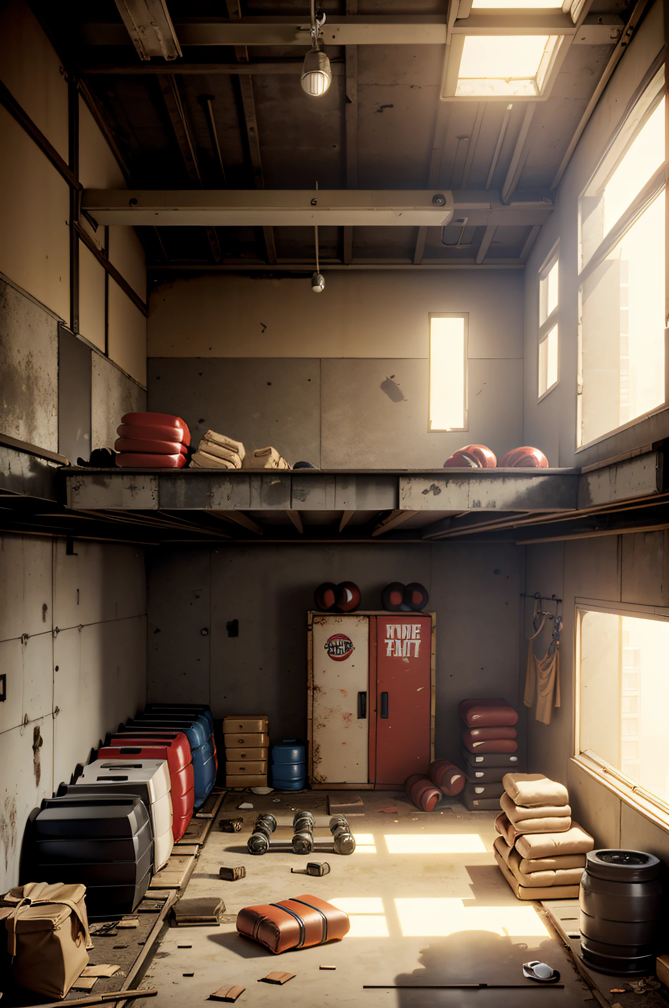 Heads-up ,dystopians style,apocalyptic style,Dilapidated indoor health room,Small space inside,Mottled variety of fitness equipment,Boxing red sandbags,Cylindrical boxing sandbags,Hanging on the beam,interior scenes,No character background