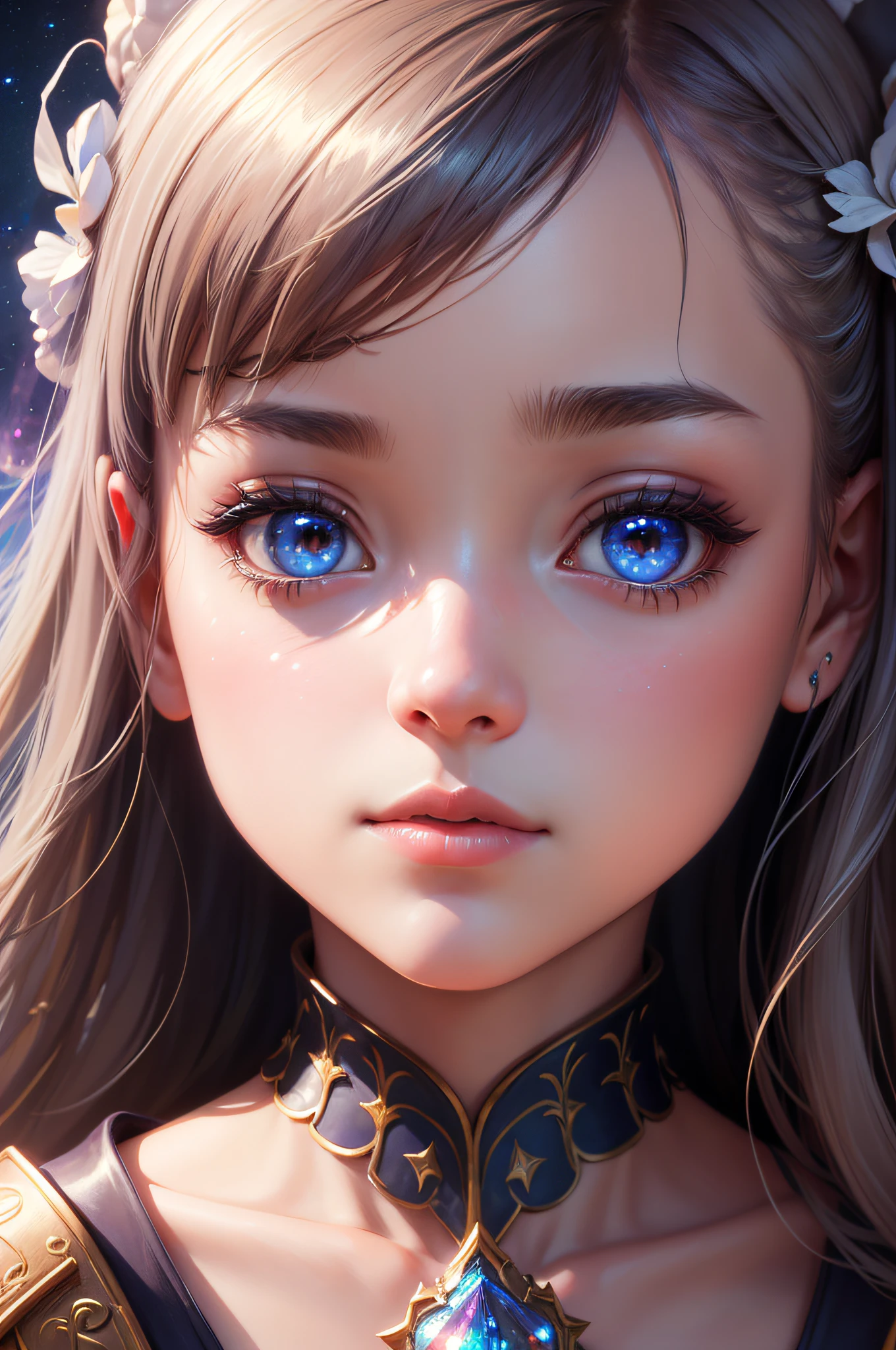 Masterpiece, Superb Girl, Cute Girl, Bust, High Detail Eyes, Perfect Eyes, Portrait, High Detail Face, Same Eyes, Glare, Rainbow Color, Global Illumination, Soft Light, Dream Light, Digital Painting, 8K Close-up, Fantasy, Night Sky, Stars, Nebula, White Crystal, Moonlight, Serenity, Summer, (8K:1.1)