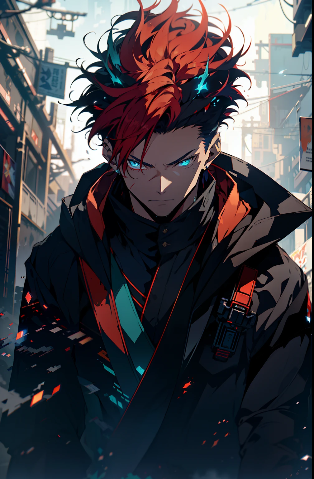 Japan Anime、Cyberpunk men, Fantasy World, Dark background, Clean design, epic instagram, art stations, Colorful paint splatter, silhuette, hyper detailed intricate details, Unreal Engine, Fantasy, Intricate details, Splash Screen, Complementary color scheme, Fantasy concept art, 8K resolution, deviantart masterpiece, Oil Painting, heavy strokes, Paint dripping, (Isolated on white background: 1.3), bright skin, (((Handsome young man))), ((age:1.5) ), (Glowing blue eyes), ((Bright eye)), ((((Short red hair: 1.1))), ((Black clothes)), (Prince\\(indifferent expression\\),, ( ((Wearing a luxurious black robe with high detail))), Red hair, Frost magic, I have my mouth wide open.
