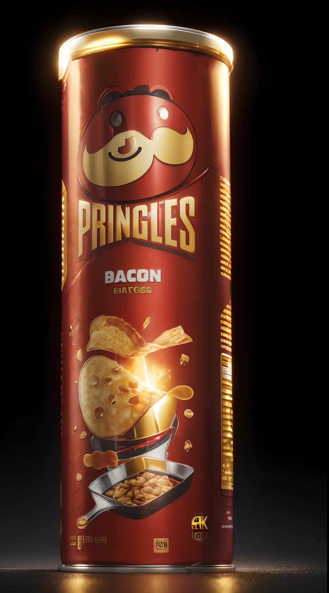 (best quality,4k,8k,highres,masterpiece:1.2),ultra-detailed,(realistic,photorealistic,photo-realistic:1.37),pringles iron man version metalic red,metallic gold,crisp texture,vibrant colors,shiny surface,glossy finish,delicious stackable potato chips,cutting-edge packaging design,attractive metallic reflections,crunchy texture,crispy snack,snack food,highly-detailed crisp edges,,eye-catching white Pringles tube,sharp and defined logo,radiant lighting emphasizing textures,gradual transition from red ,gold