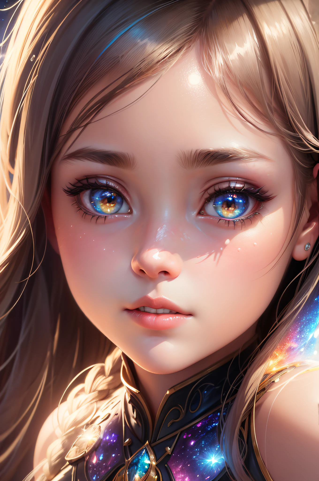 Masterpiece, Superb Girl, Cute Girl, Bust, High Detail Eyes, Perfect Eyes, Portrait, High Detail Face, Same Eyes, Glare, Rainbow Color, Global Illumination, Soft Light, Dream Light, Digital Painting, 8K Close-up, Fantasy, Night Sky, Stars, Nebula, White Crystal, Moonlight, Serenity, Summer, (8K:1.1)