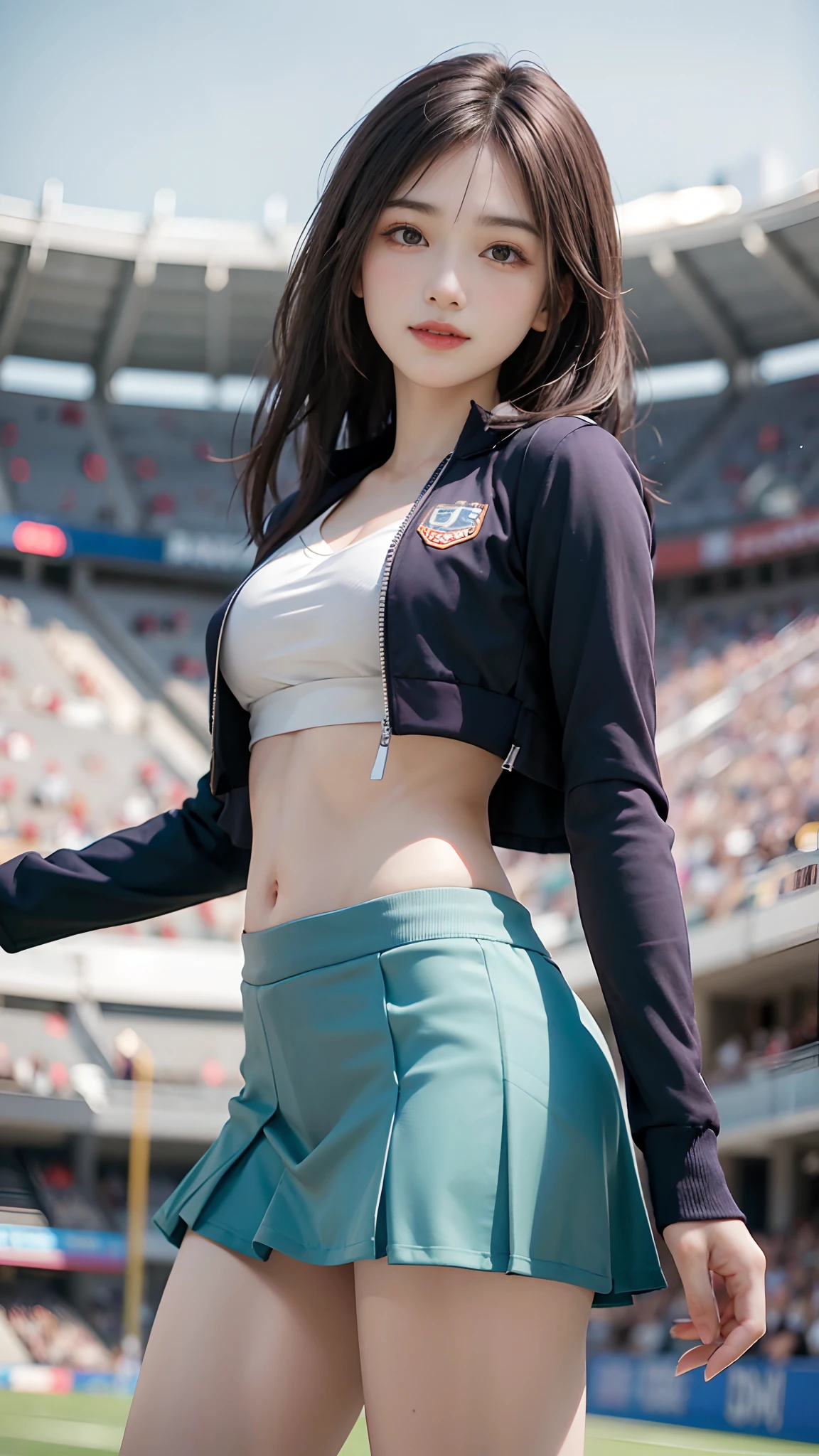(Top Quality, 8k, 32k, Masterpiece, UHD: 1.3), (Outdoor, Night: 1.5), Ultra-fine face, ((Realistic lighting, Best Quality, 8k, Masterpiece: 1.3)), Clear focus: 1.1), 18 years old a girl, (brunette with Bob hair), abs, perfect body, ultra-detailed face, detailed lips, delicate eyes, double eyelids, (seductive), ((Exciting: 1.5)), (Soccer Japan National Team Samurai Blue Uniform)), (Estrus)), Amazing Beauty, Mecha Cyber Blue Girl, Blue, Female Mecha, Mechanized Valkyrie Girl, Beautiful White Skin Girl Cyborg, Sci-Fi Woman in SF Samurai Blue Uniform, Sci-Fi Woman, Gorgeous Female Paladin, Mechanized Soldier Girl, Cheering for National Football Japan National Team in Virtual Reality, Background on Football Field at New National Stadium, Beautiful Ass, Blue High Socks, Short Jeans, Back Corner , sweaty skin, adidas, apple virtual goggles