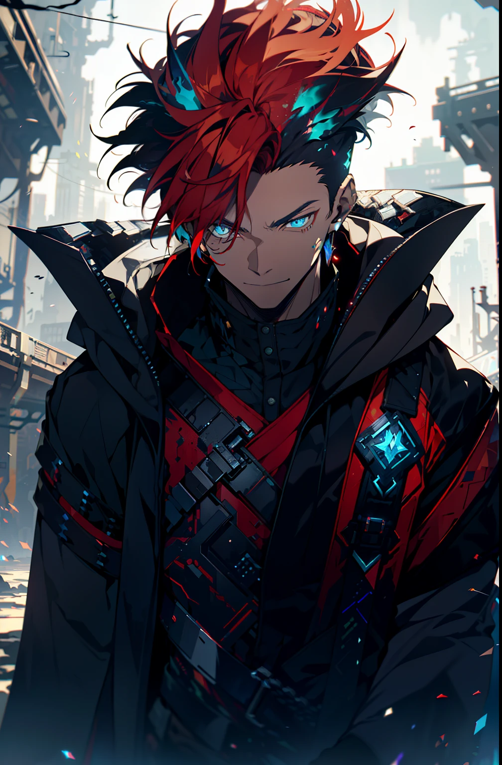 Cyberpunk men, Fantasy World, Dark background, Clean design, epic instagram, art stations, Colorful paint splatter, silhuette, hyper detailed intricate details, Unreal Engine, Fantasy, Intricate details, Splash Screen, Complementary color scheme, Fantasy concept art, 8K resolution, deviantart masterpiece, Oil Painting, heavy strokes, Paint dripping, (Isolated on white background: 1.3), Rainbow skin, (((Handsome young man))), ((age:1.5) ), (Glowing blue eyes), ((Bright eye)), ((((Short red hair: 1.1))), ((Black clothes)), (Prince\\(indifferent expression\\),, ( ((Wearing a luxurious black robe with high detail))), Red hair, Frost magic, ((Chest) 、a smile