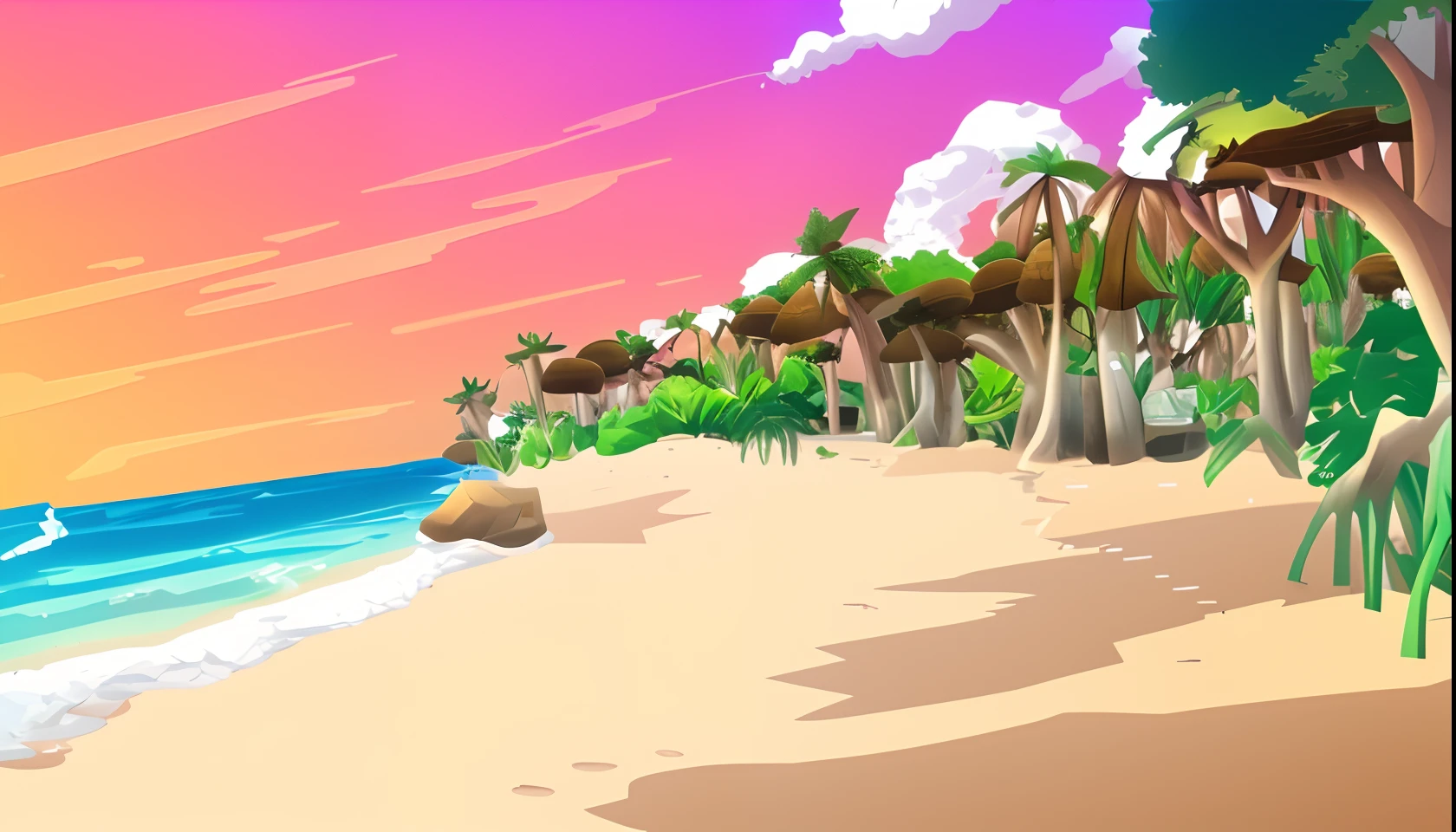 beach, forest, sky, mangrove trees, palm trees, mushrooms, rock, leafs, game icon institute, game icon,plant-1