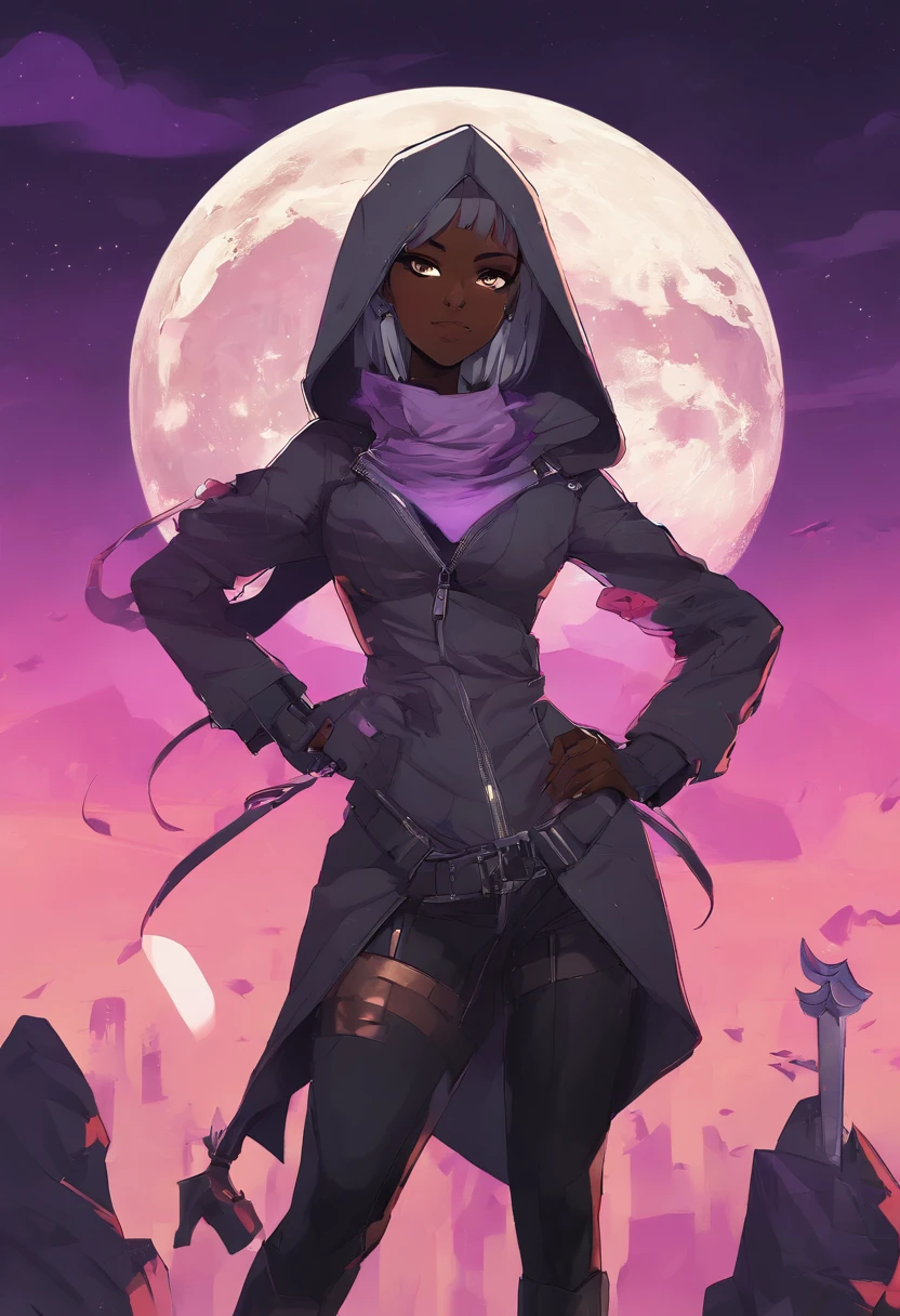 Big breasted dark skinned anime girl with lavender/yellow eyes holding a kunai in front of a full moon, in an anime style, anime style character, in anime style, inspired by Jin Homura, flat anime style, hetrochromia. Dark skinned woman wearing an hooded leather jacket in an off-shoulder manner. Hair bangs covering left eye, ponytail