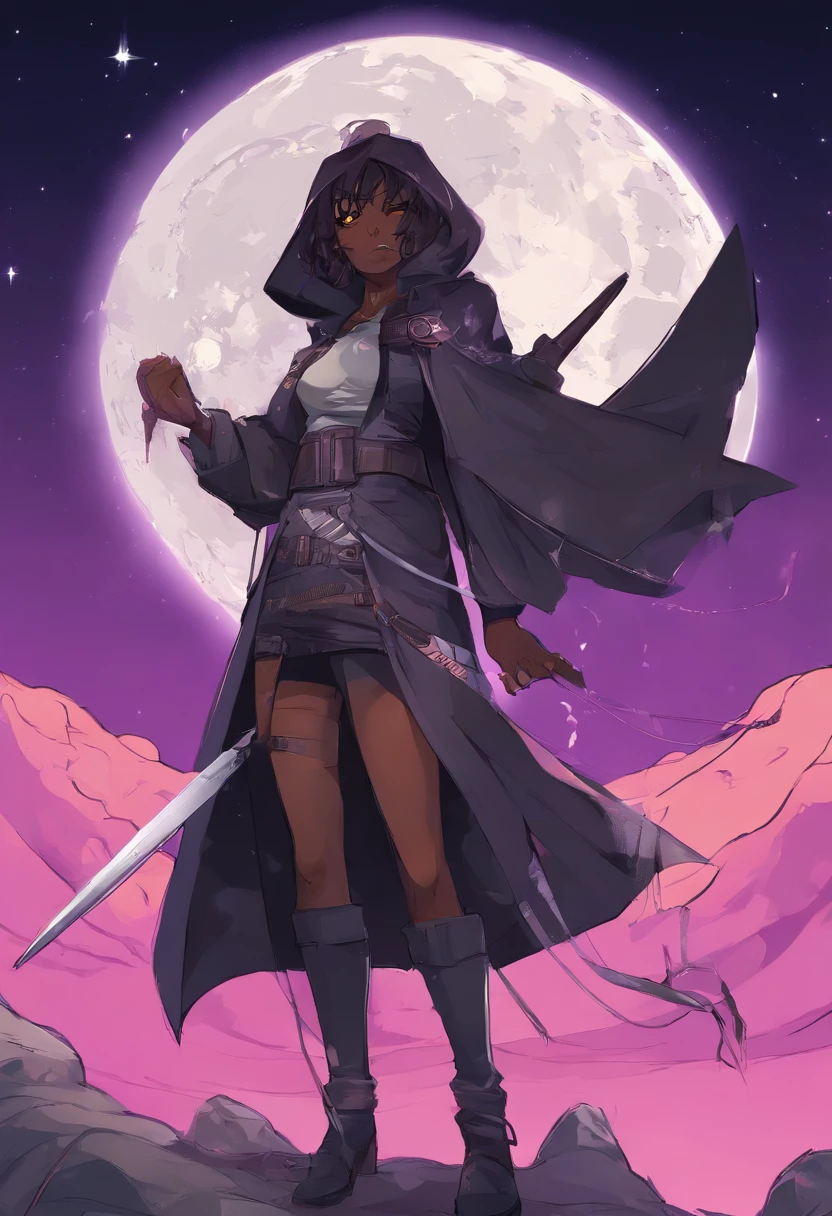 Big breasted dark skinned anime girl with lavender/yellow eyes holding a kunai in front of a full moon, in an anime style, anime style character, in anime style, inspired by Jin Homura, flat anime style, hetrochromia. Dark skinned woman wearing an hooded leather jacket in an off-shoulder manner. Hair bangs covering left eye, ponytail