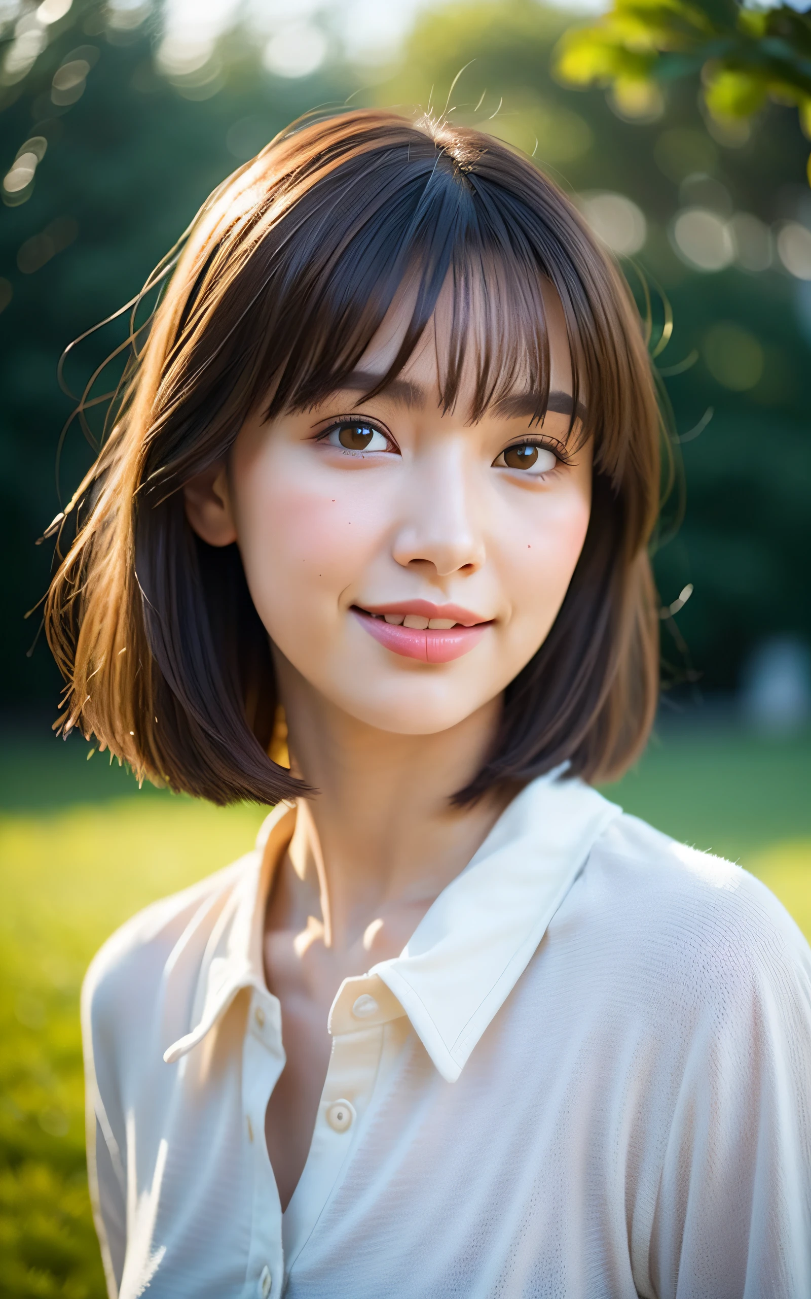 masutepiece, Best Quality, 8K, 1girl in, Right human hands, Correct human finger, 24 I, close up of face, (Smile), Cute, Girly, Delicate girl, Neat and clean beauty, medium breasts, Luminescent, Looking away, Raw photo, F/1.8, 135 mm, NIKON, Anatomically correct, Bokeh,Textured skin, Professional Photography, Portrait, Soft light, Professional Lighting, Back Light, Film grain, (Eyes and faces with detailed:1.0), Brown hair, Short hair swaying in the wind, silk shirt