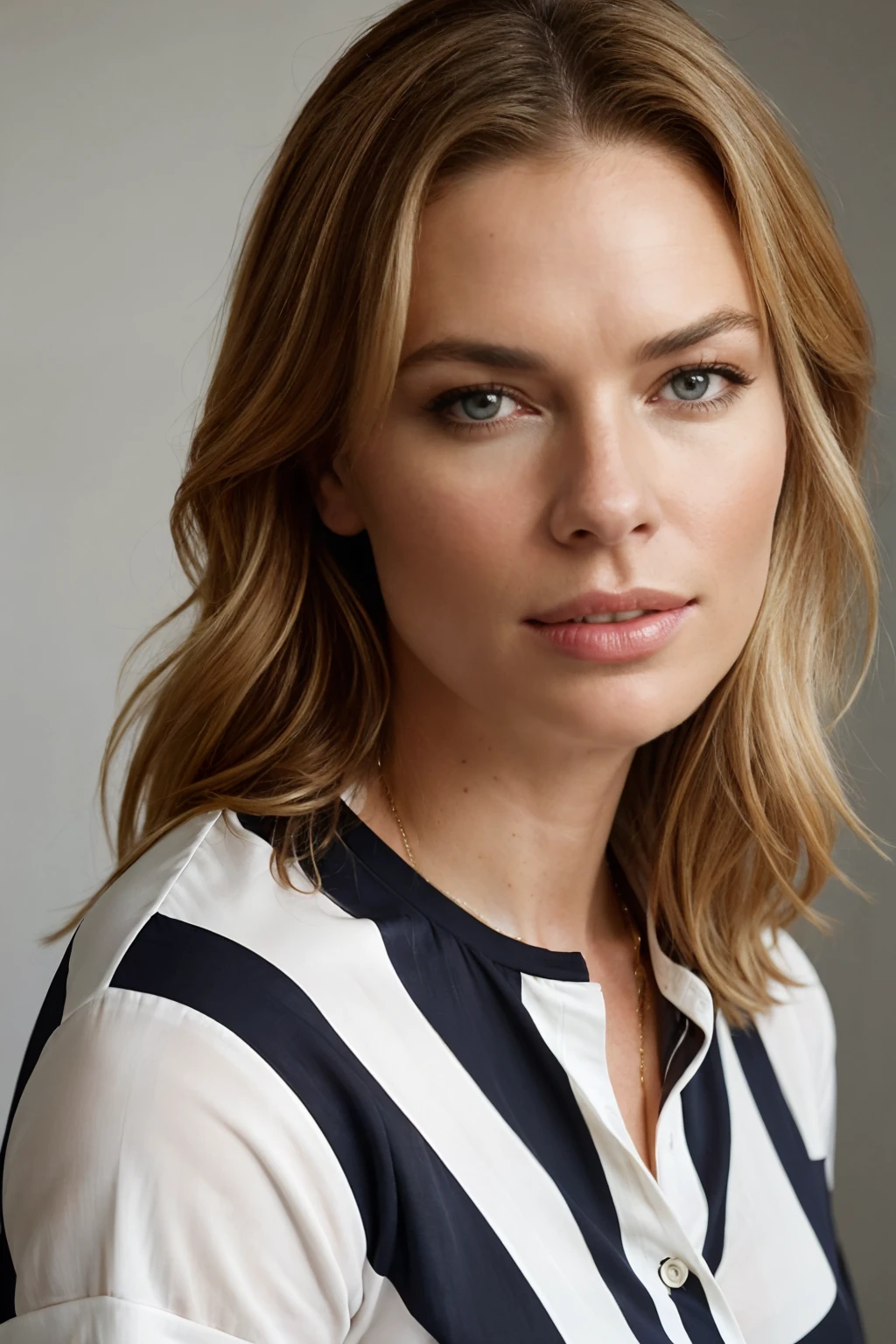 Rebecca romijn wearing a striped shirt, a portrait by Isabel Naftel, trending on pinterest, bauhaus, minimalist, angular, ornate