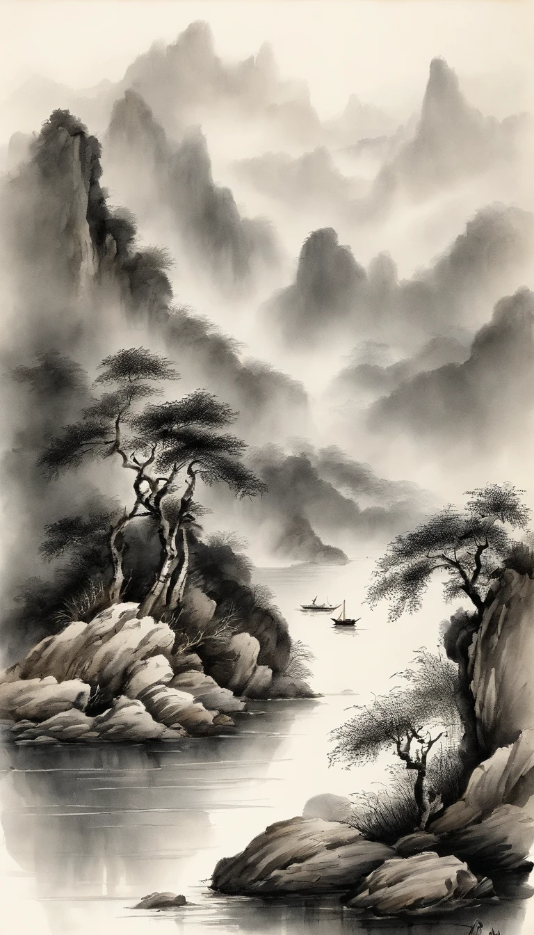 Chinese landscape painting,black-and-white,water ink,inky,Smudge,Faraway view,Ultra-wide viewing angle,meticulous,Light boat in the distance,Faraway view,meticulous,Smudge,low-saturation,Low contrast,Light boats crossed ten thousand heavy mountains,Beautifully depicted,A detailed,acurate,Works of masters,tmasterpiece