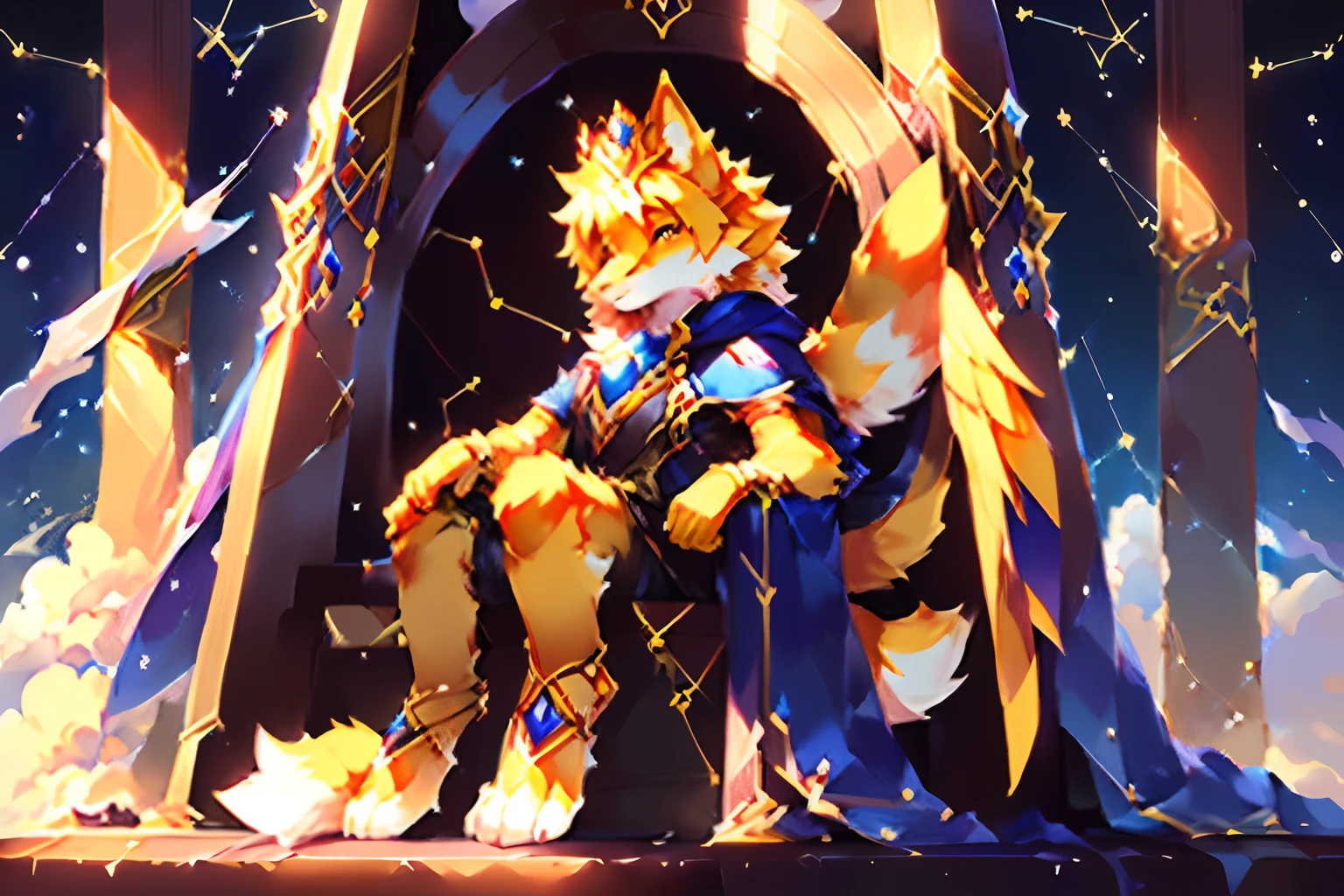 (((a goldfox))), (cocky), ((( \(parfect anatomy\)))), (( sitting on a throne)), , ((crown, royal, throne)), black fluffy twin tail, fluffy mane, heteronomia eyes, yellow body, cloud(独奏), blue cape, fantasy clothing, vest, detailed face, feather wings, constellation