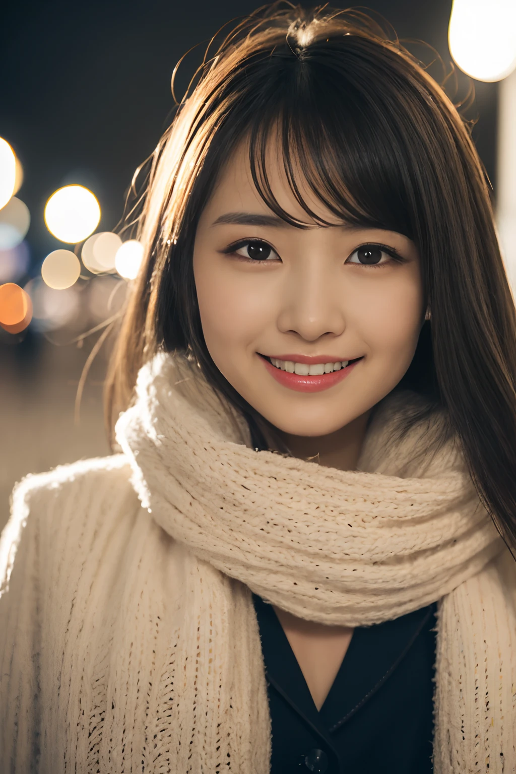 1 girl, (put on a coat:1.2), (RAW Photos, highest quality), (Realistic, Photorealistic:1.4), Tabletop, Very delicate and beautiful, Very detailed, 2k wallpaper, wonderful, finely, very detailed CG Unity 8k wallpaper, Very detailed, High resolution, Soft Light, Beautiful detailed girl, Very detailed目と顔, Beautiful and detailed nose, finely beautiful eyes, Cinema Lighting, Illuminations that light up the city on a snowy night, Snow Scene, that&#39;it&#39;s snowing, snow fell in my hair, Perfect Anatomy, tense air, Straight Long Hair, Looking at the audience, smile, Hokkaido serial murders, Disappearing into the Sea of Okhotsk, Tracking、Fluffy scarf、