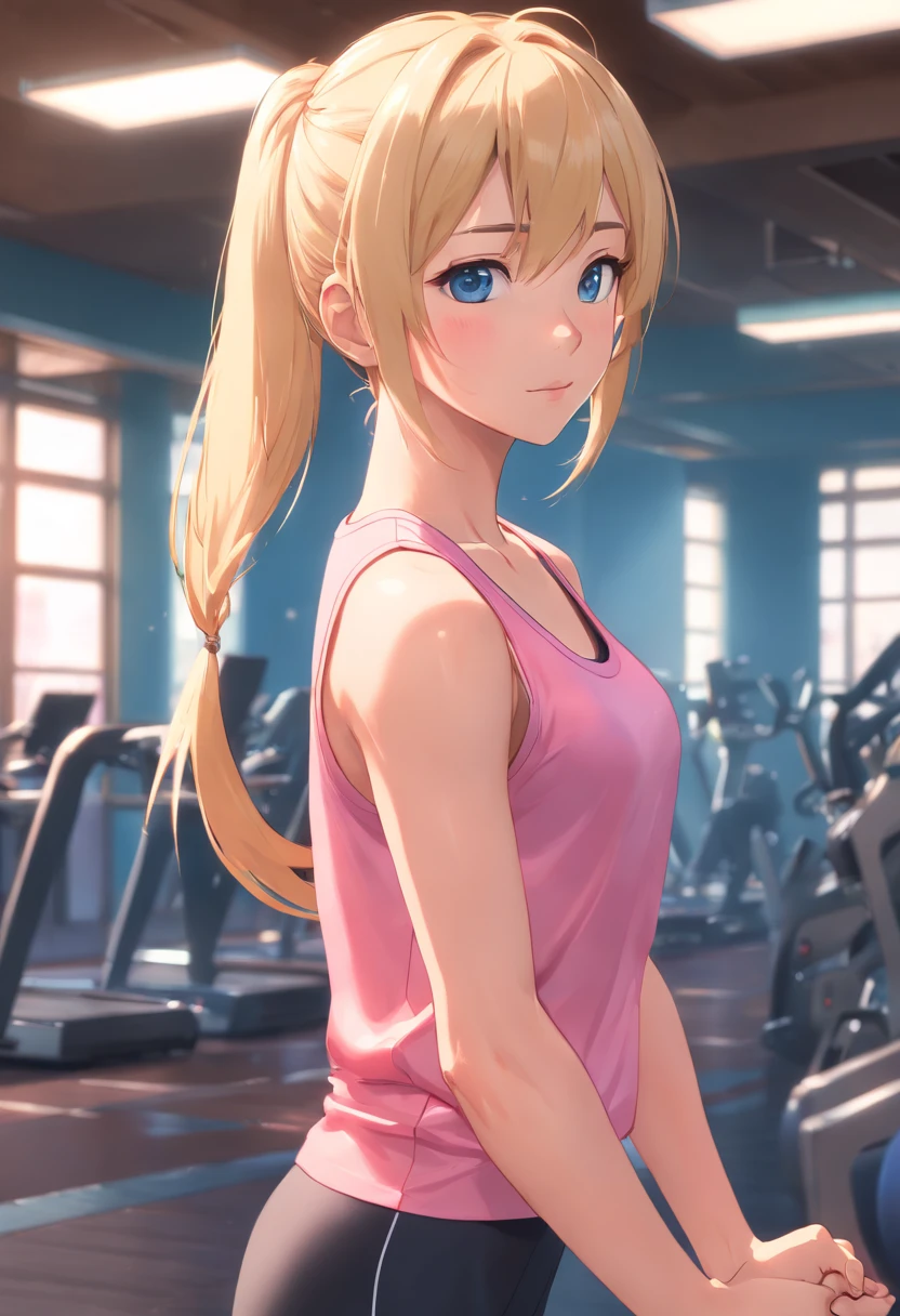 Masterpiece, Best quality, 8K, Photographic reality, Realistic, Octane rendering, Japanese gym exercises (1 woman: 1.4), (Only one woman is shown in the picture: 1.4), (Long blonde hair), (Pink sports vest|Black yoga pants), (Blue eyes) Side display