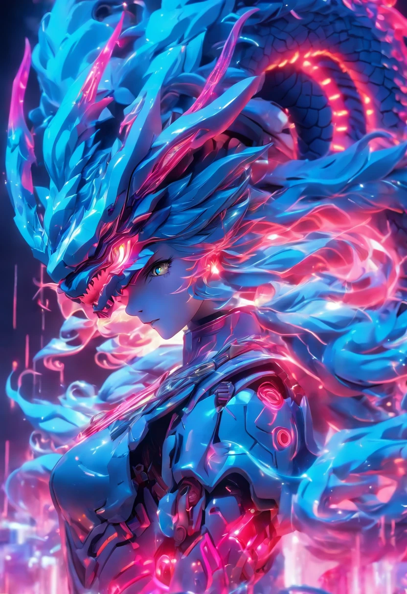 ChinesischDrache, (Blind Box Spielzeug Stil:1.2), (full-body shot) , 1 Transparent Girl,Hinter ihm steht ein durchsichtiger chinesischer Drache, Transparenter Mech, Exquisiter Helm:1.2, Leuchtende Brille:1.2, Cyberpunk, Dreamy glow, leuchtende Neonlichter, sauber, white background, ( Globale Beleuchtung, Rochen-Traching, HDR, Unwirkliches Rendern,Reasonable design, Hohe Detailgenauigkeit, Meisterwerk, best quality, hyper HD, Filmische Beleuchtung)