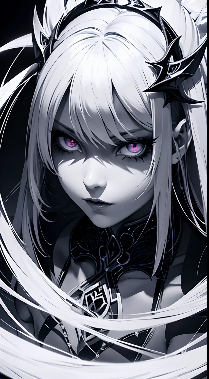 Within the realm of anime, create an intriguing visual of an evil girl exuding an intense aura in monochrome. Focus on her mysterious expression, piercing eyes, and long, flowing locks. Emphasize delicate details like her villainous attire, intricate accessories, and contrasting shadows. Convey her dark persona through atmospheric lighting and dramatic angles. Captivate the viewer with a sense of foreboding through the masterful use of shading, high contrast, and an overall sinister atmosphere.
