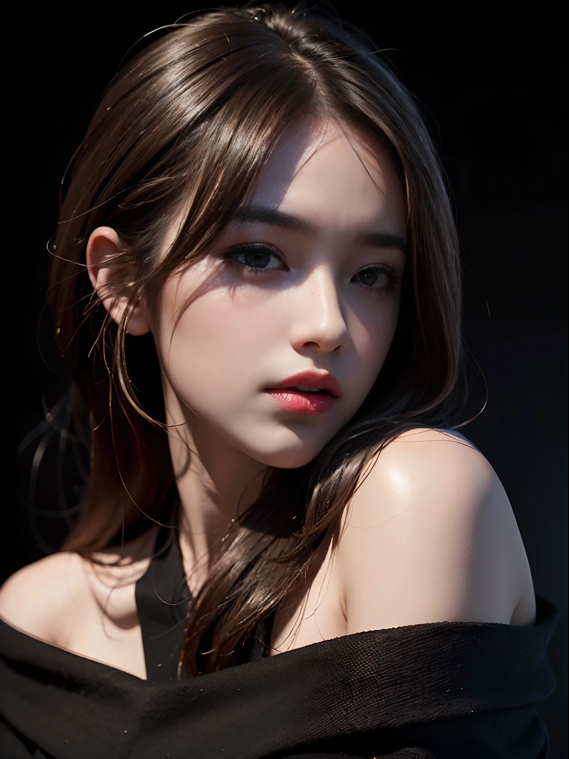 Best quality, masterpiece, ultra high res, (photorealistic:1.4), raw photo, 1girl, offshoulder, in the dark, deep shadow, low key, cold light