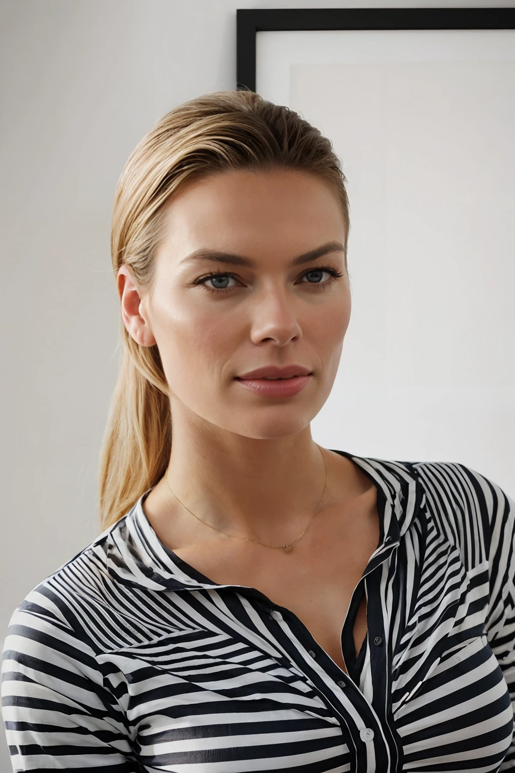 Rebecca romijn wearing a striped shirt, a portrait by Isabel Naftel, trending on pinterest, bauhaus, minimalist, angular, ornate