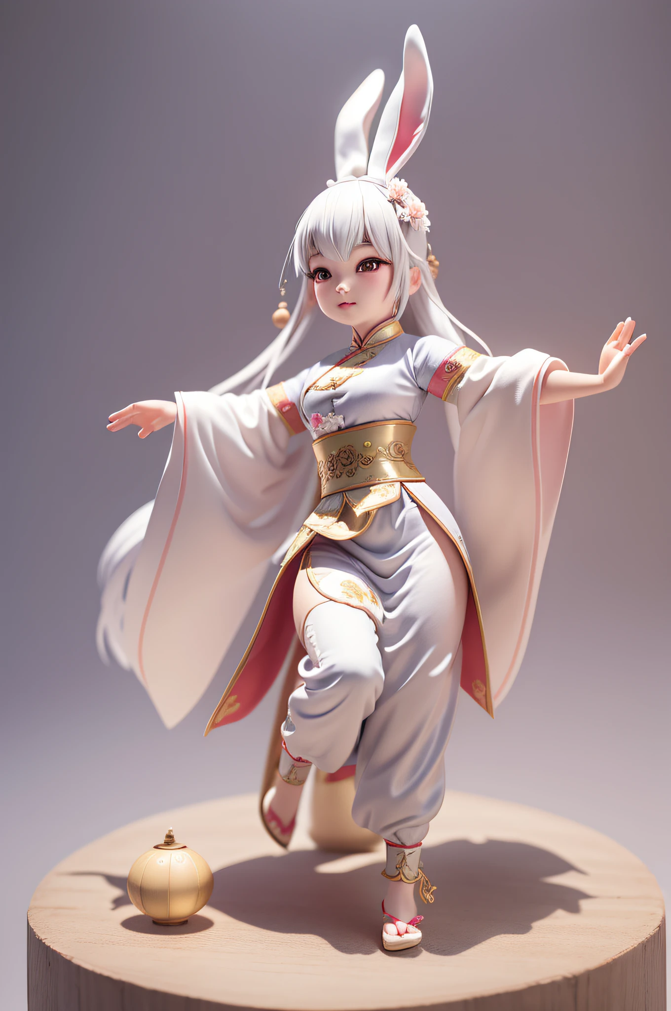 A cute Bunny wearing traditional Ming Dynasty Chinese silk costumes, cinematic lighting, clean grey background, premium colors, full-body 3D model, five toes,ancient Chinese cultural elements, Chinese Kung Fu moves, fashionable blind box toys.
