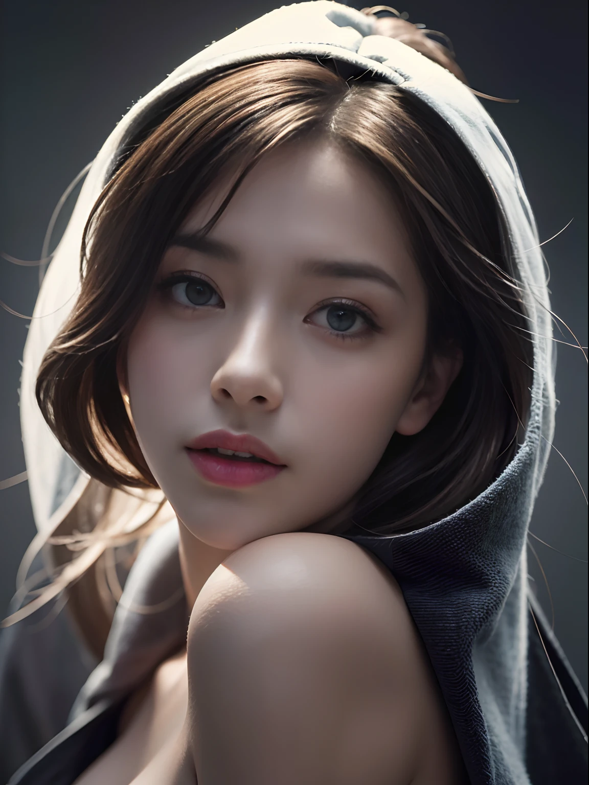 best quality, masterpiece, ultra high resolution, (realistic:1.4), RAW photos, 1 woman, Off shoulder, in the dark, deep shadows, low key, cold light