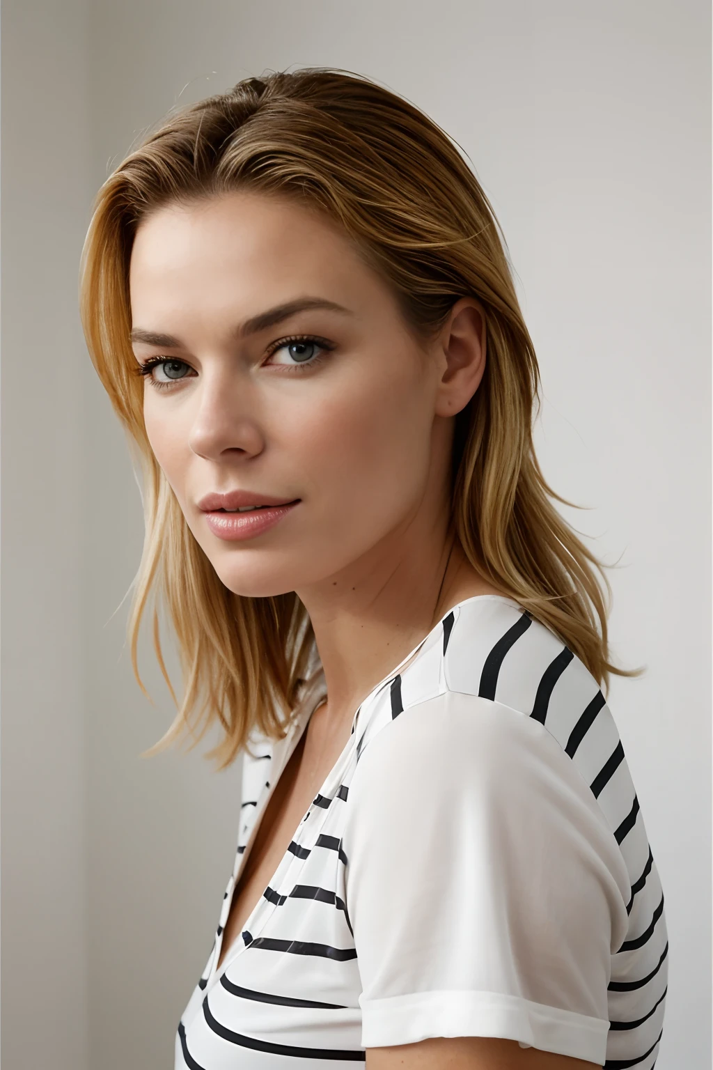 Rebecca romijn wearing a striped shirt, a portrait by Isabel Naftel, trending on pinterest, bauhaus, minimalist, angular, ornate